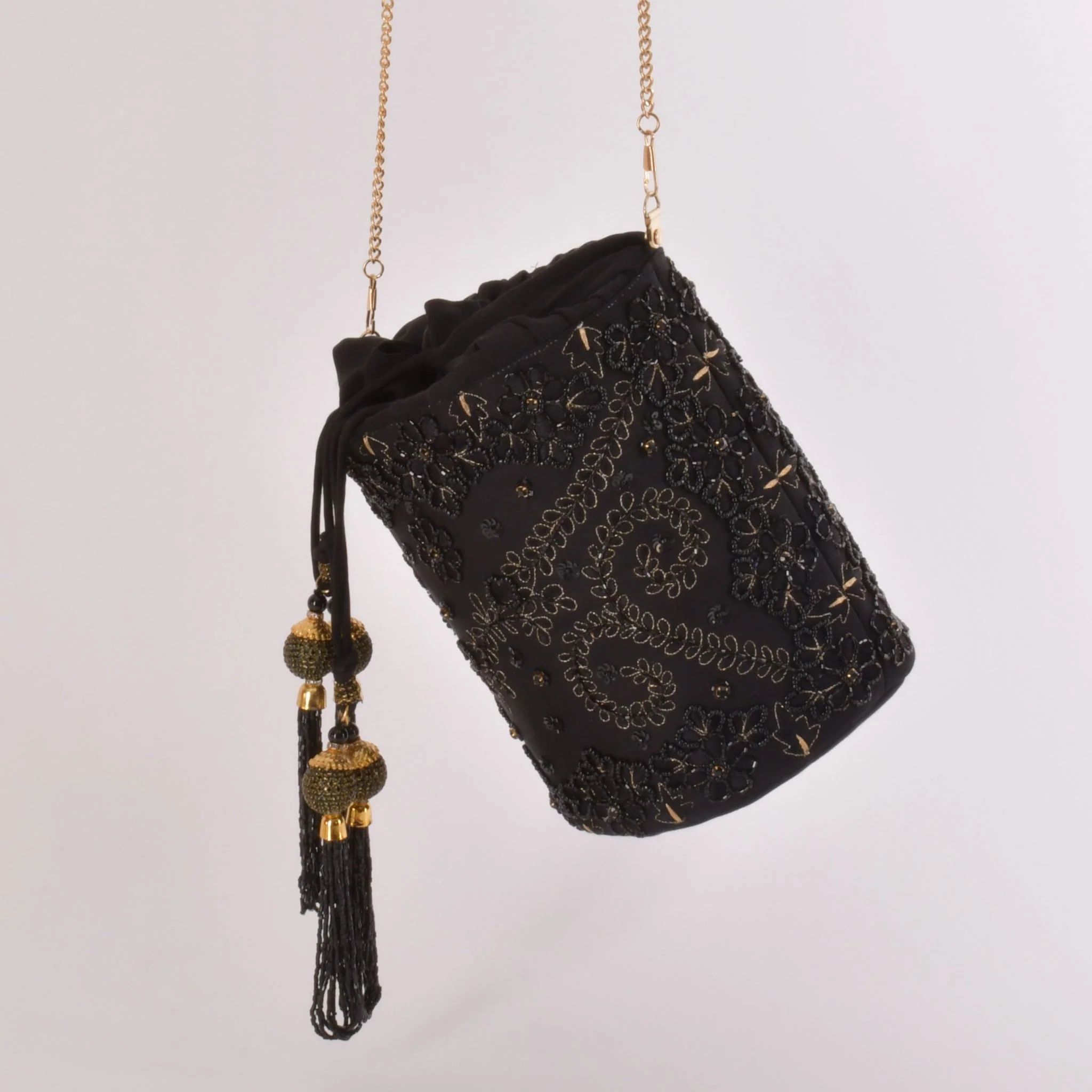 Aria Black & Gold Embroidered Bucket Bag
