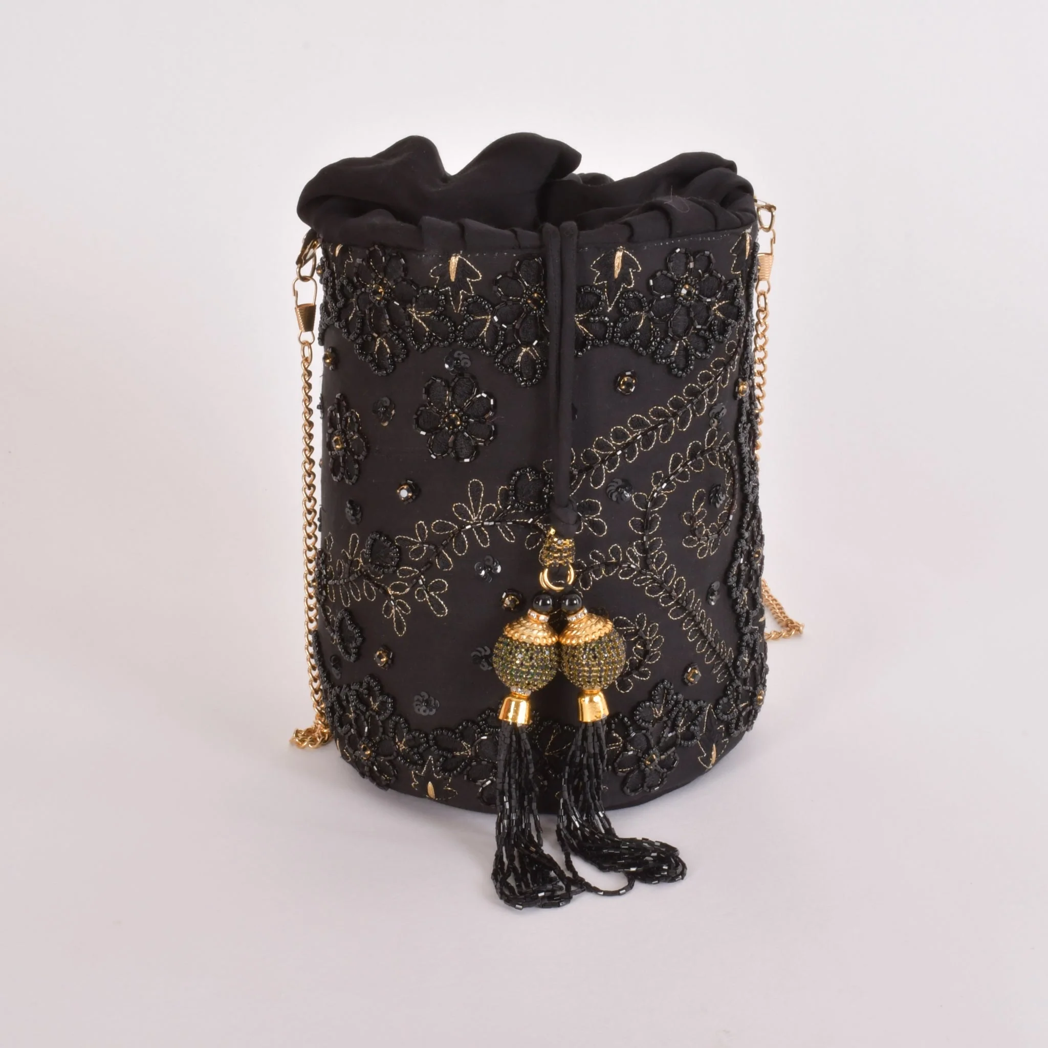 Aria Black & Gold Embroidered Bucket Bag - Image 2