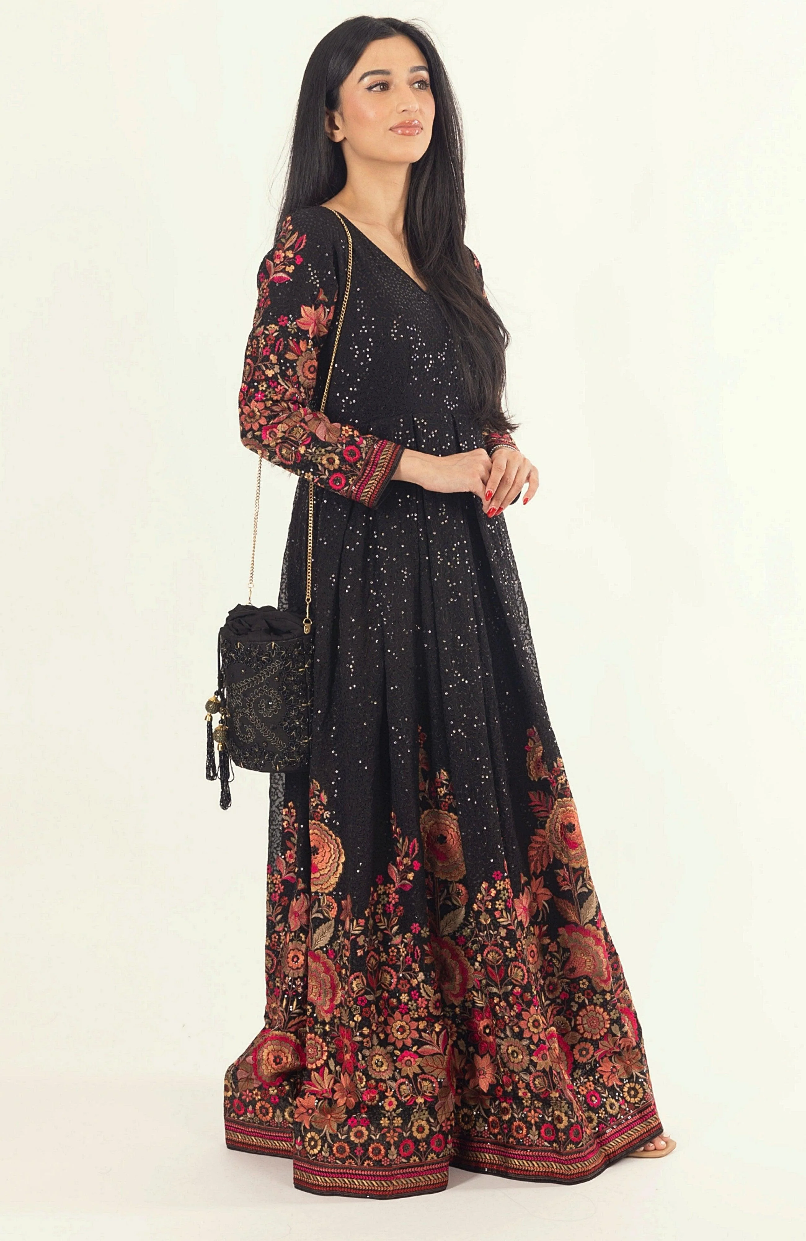 Aria Black & Gold Embroidered Bucket Bag - Image 6