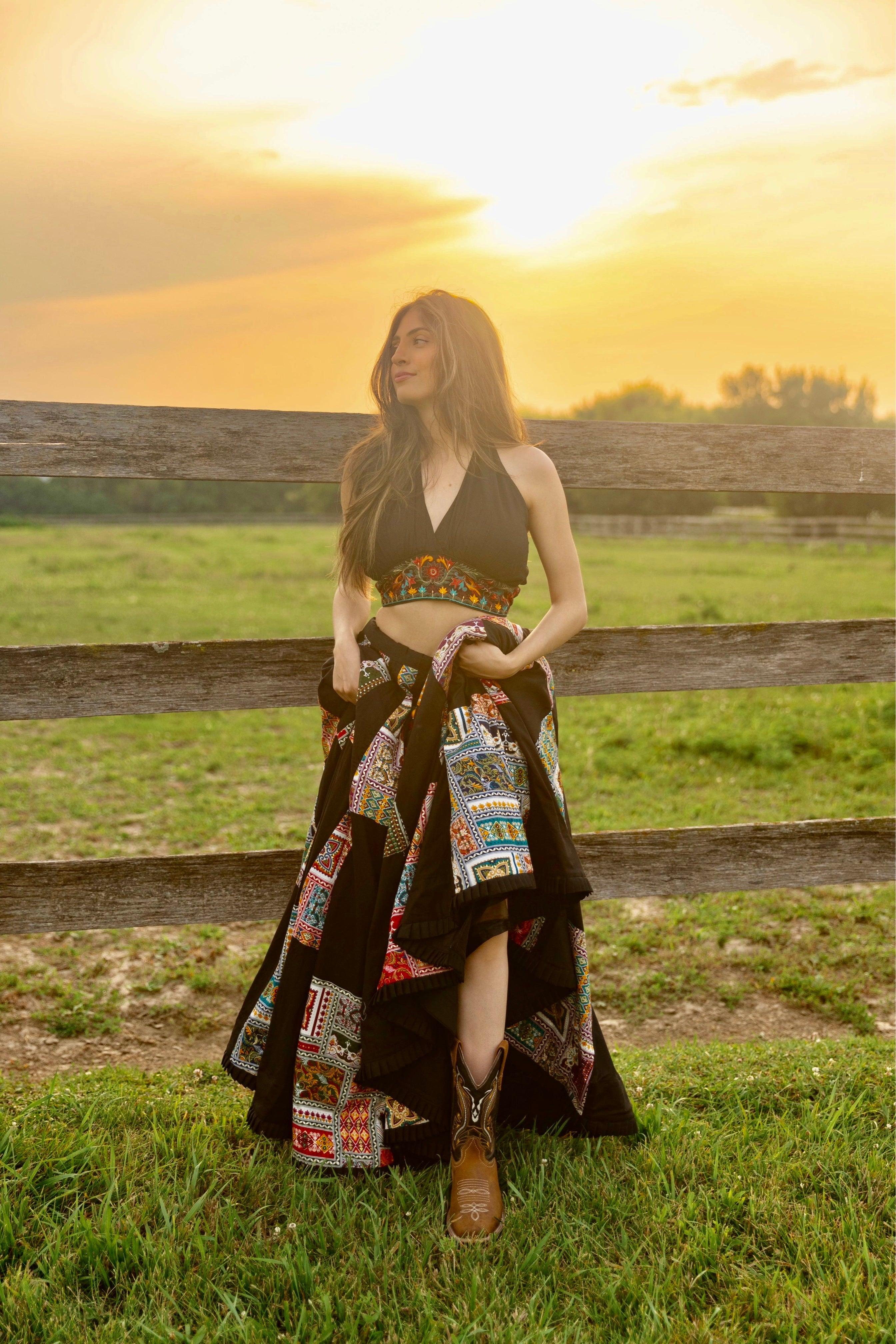 Black Chaniya Choli with Halter Neck Embroidered Blouse