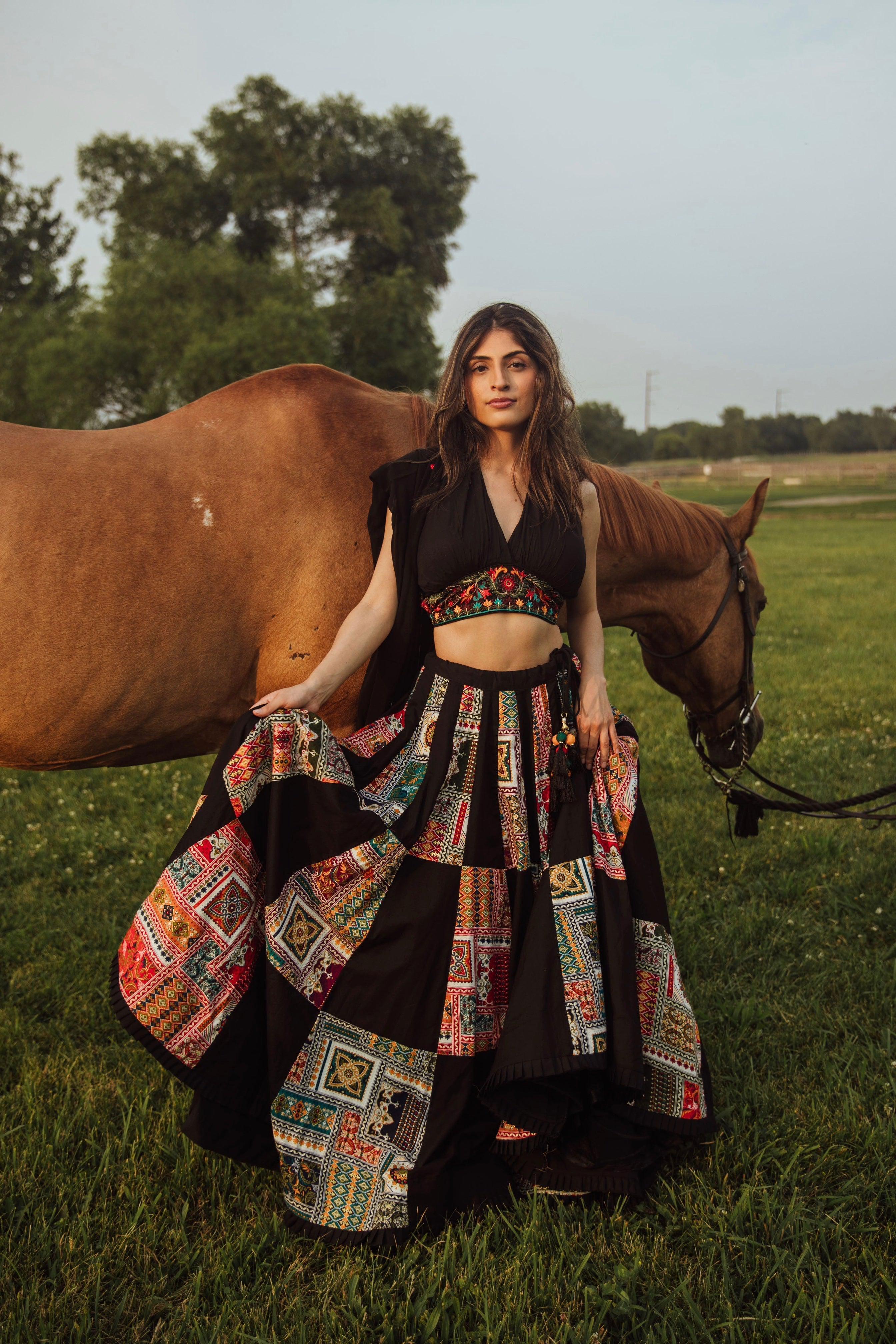 Black Chaniya Choli with Halter Neck Embroidered Blouse - Image 5