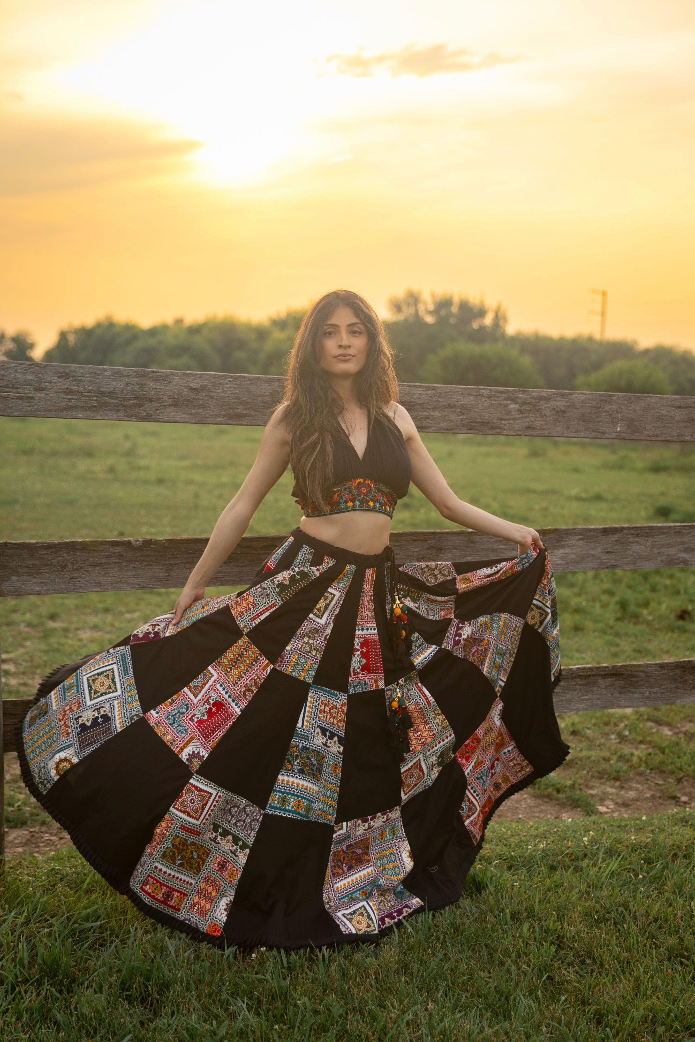 Black Chaniya Choli with Halter Neck Embroidered Blouse - Image 6
