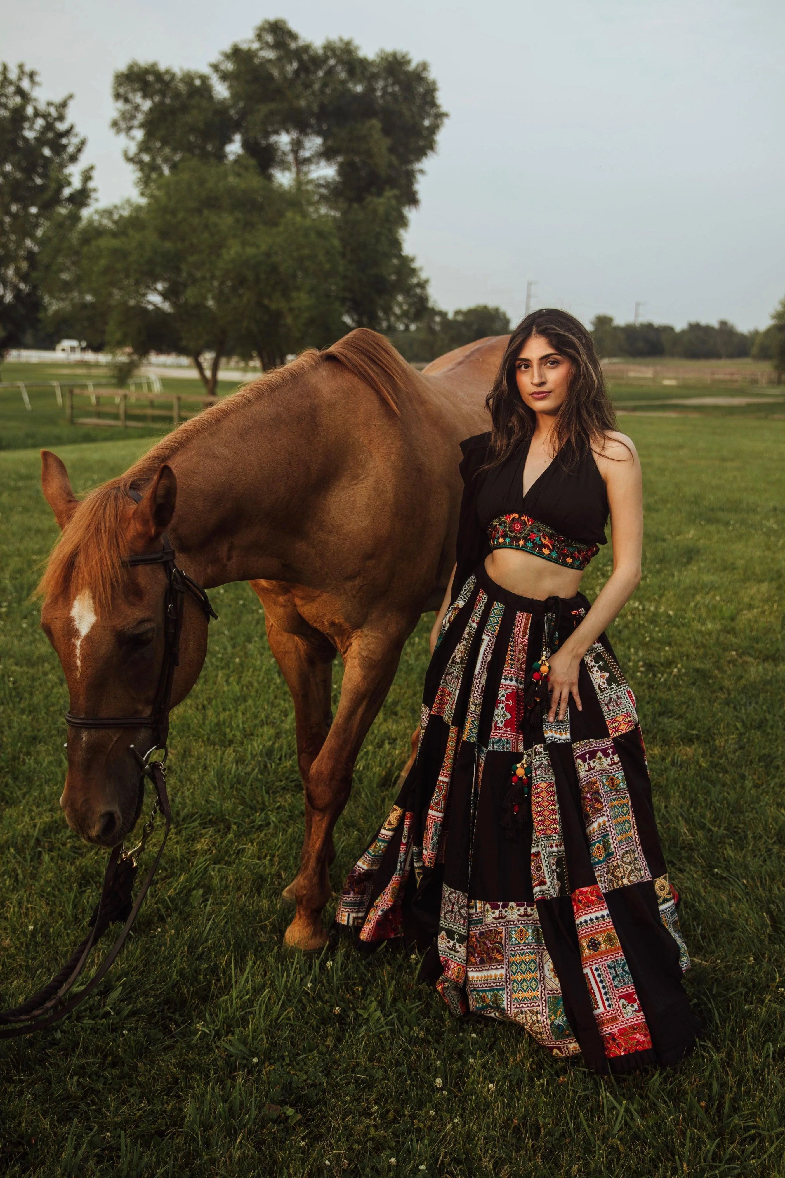 Black Chaniya Choli with Halter Neck Embroidered Blouse - Image 7