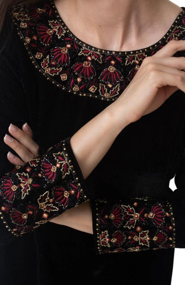 Black Velvet Dress with Hand Embroidery - Image 3