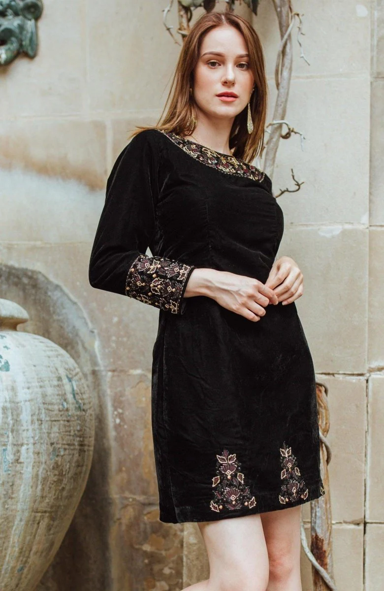 Black Velvet Dress with Hand Embroidery - Image 7