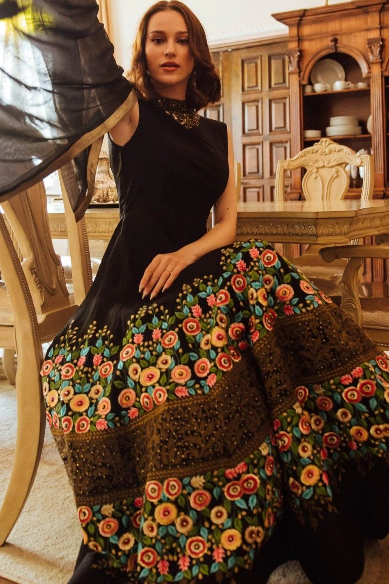 Black High Neck Gown with Floral Embroidery