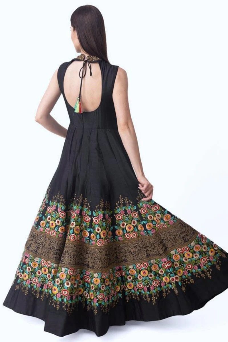 Black High Neck Gown with Floral Embroidery - Image 2