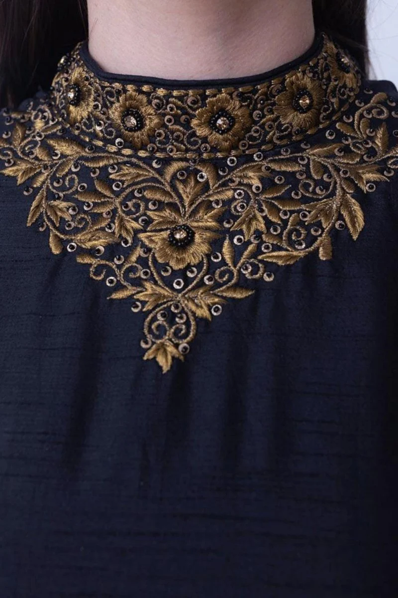 Black High Neck Gown with Floral Embroidery - Image 3
