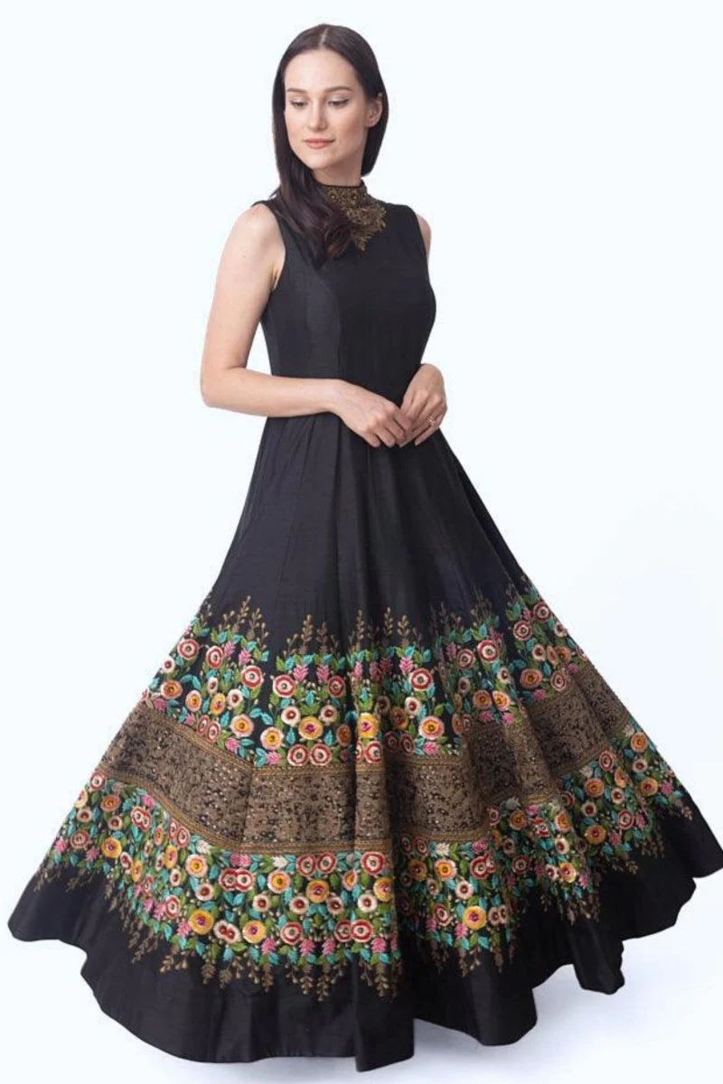 Black High Neck Gown with Floral Embroidery - Image 4