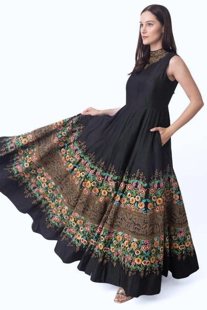 Black High Neck Gown with Floral Embroidery - Image 5