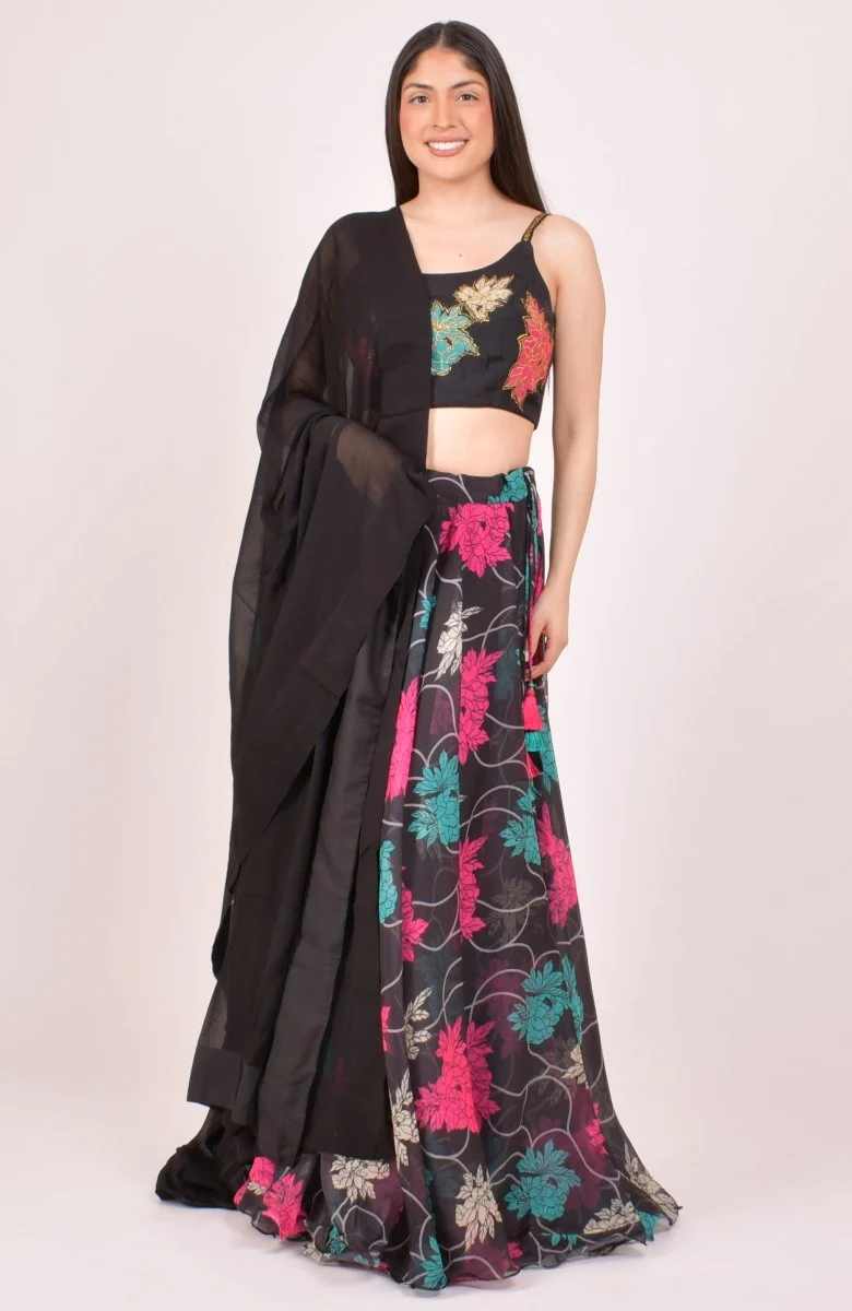 Black Floral Lehenga Choli with Zari Embroidered Blouse and Dupatta - Image 4