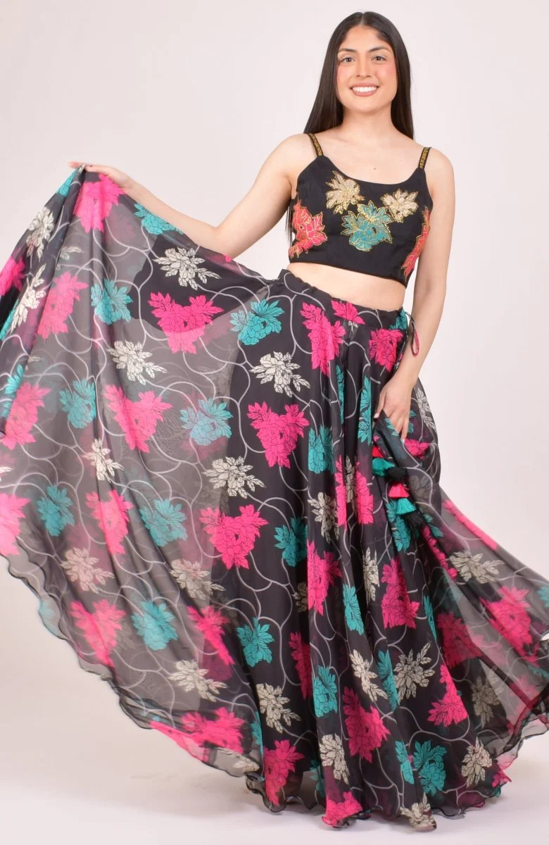 Black Floral Lehenga Choli with Zari Embroidered Blouse and Dupatta - Image 5
