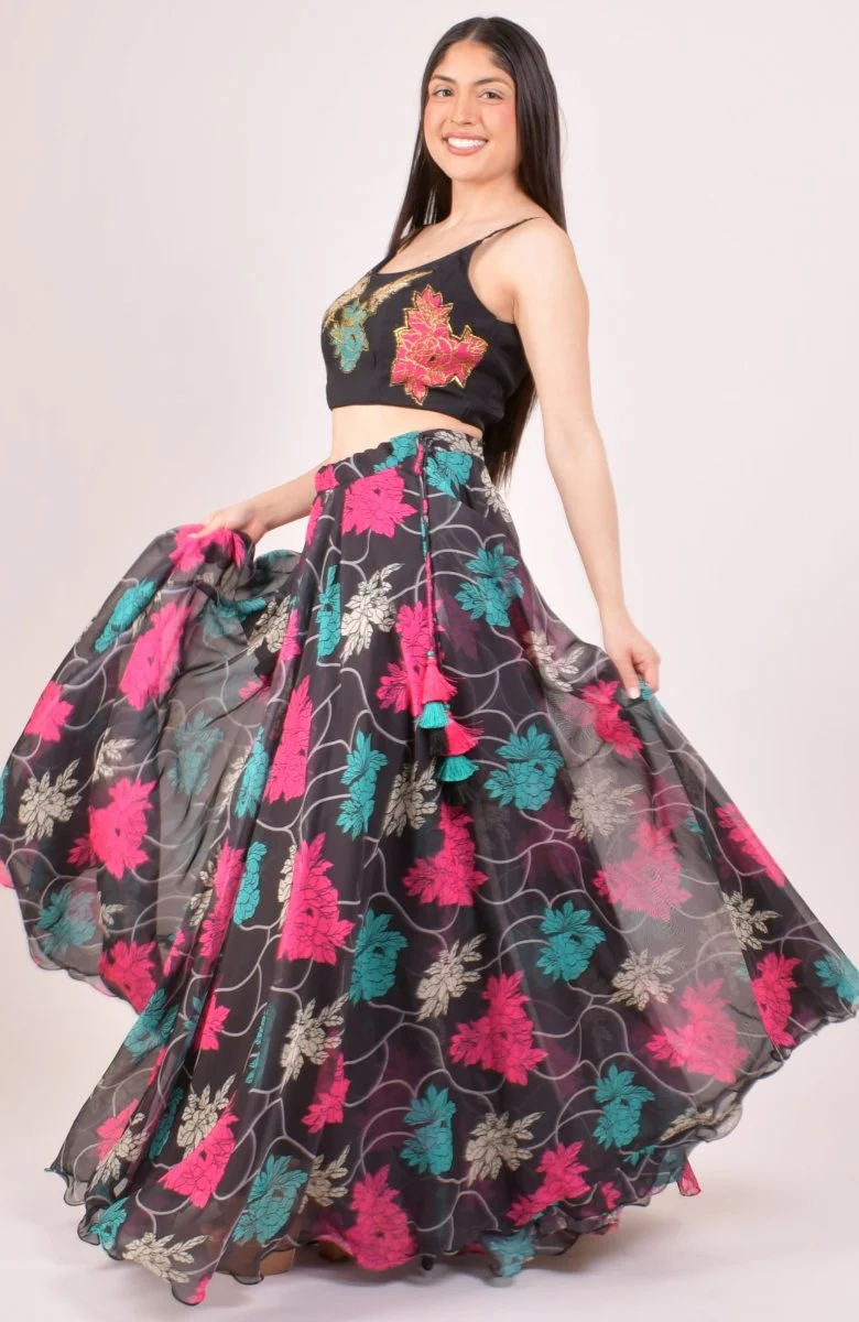 Black Floral Lehenga Choli with Zari Embroidered Blouse and Dupatta - Image 9