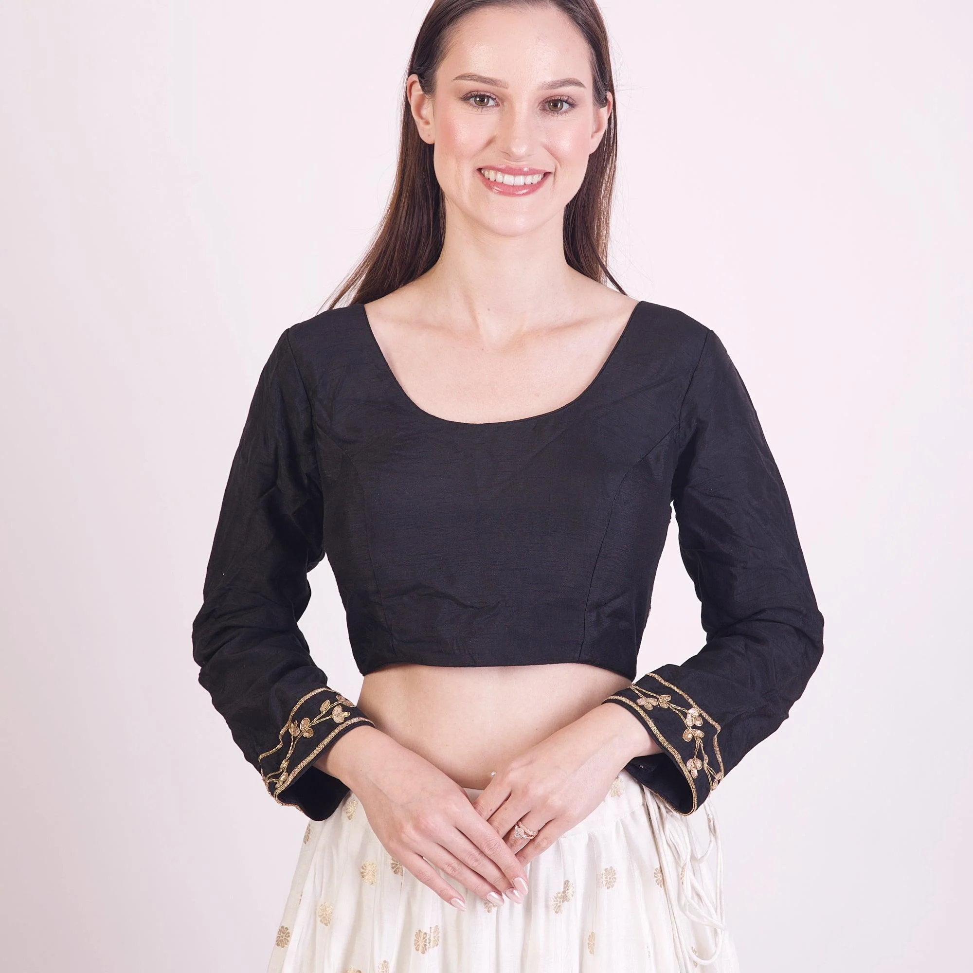 Black Gotta Patti Hand Embroidered Silk Saree Blouse with Full Sleeves
