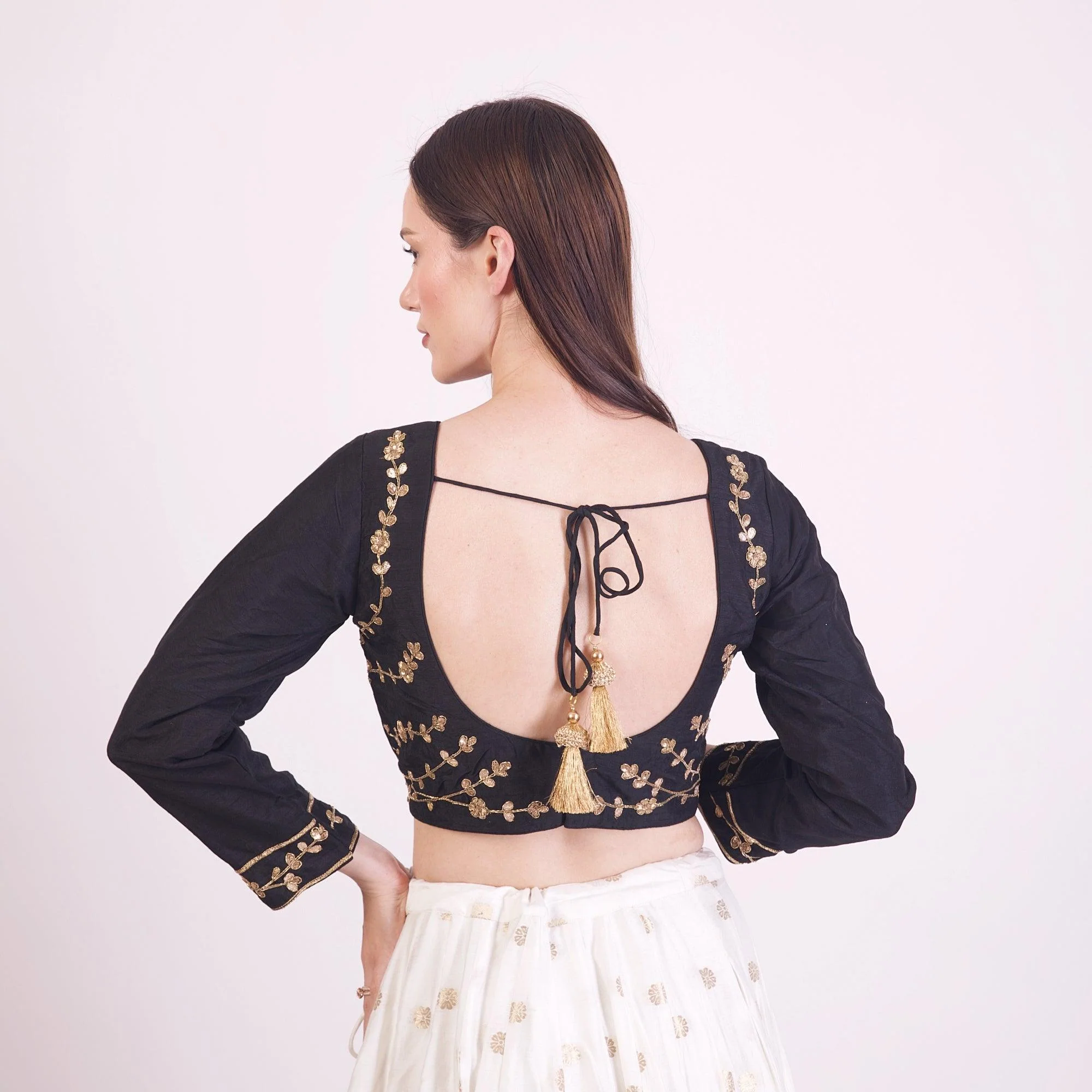 Black Gotta Patti Hand Embroidered Silk Saree Blouse with Full Sleeves - Image 2