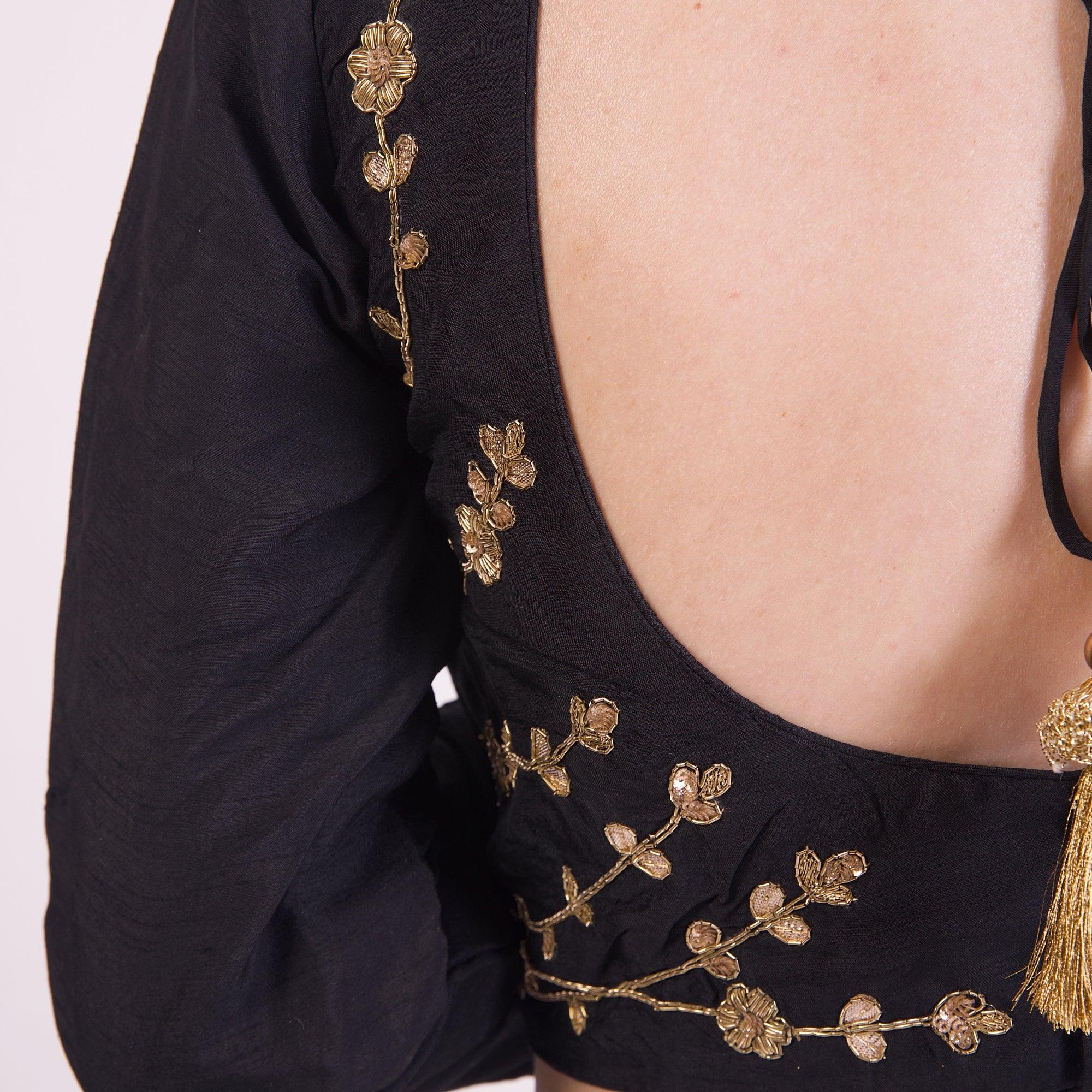 Black Gotta Patti Hand Embroidered Silk Saree Blouse with Full Sleeves - Image 4