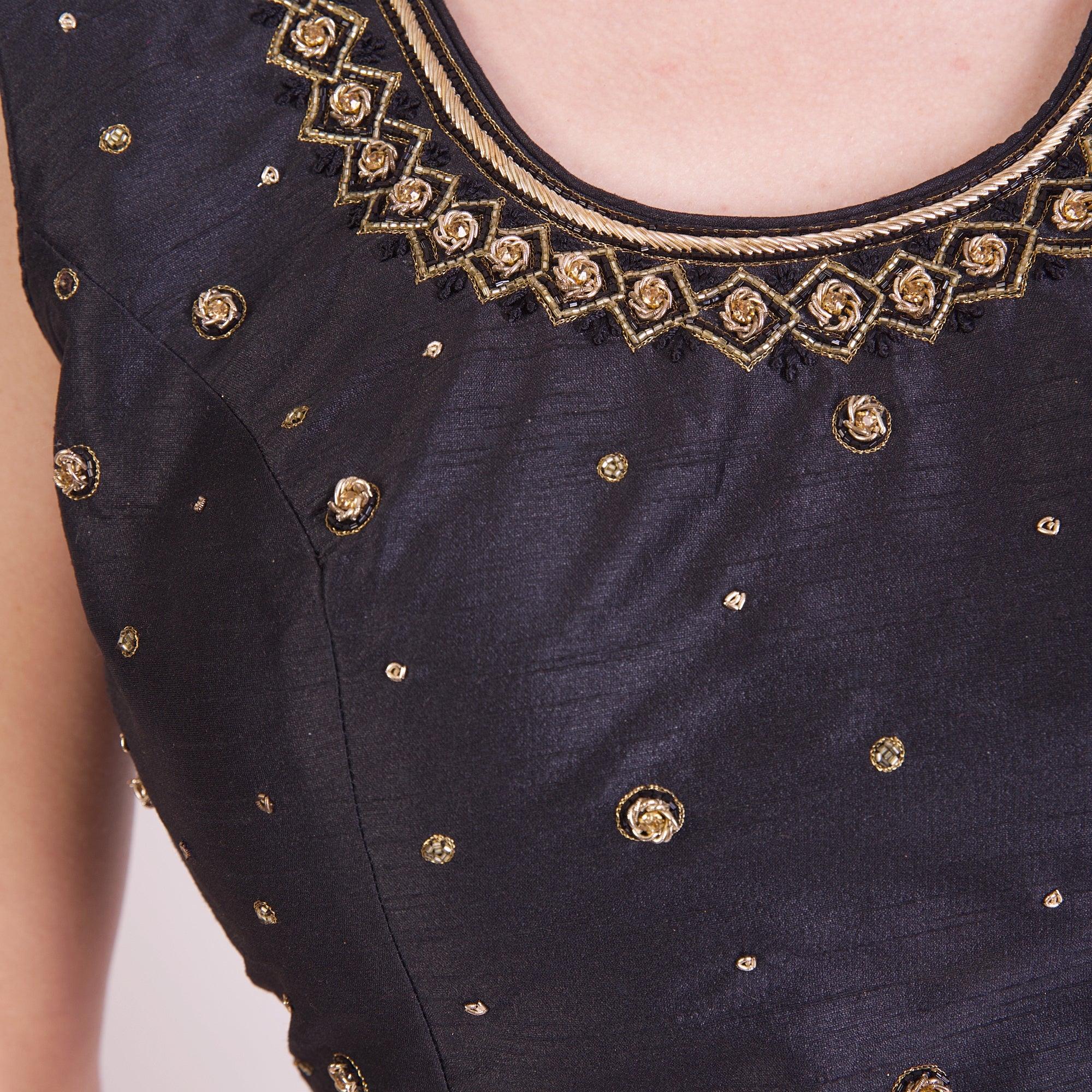 Black Hand Embroidered Silk Saree Blouse with Cutdana & Stone Work - Image 3