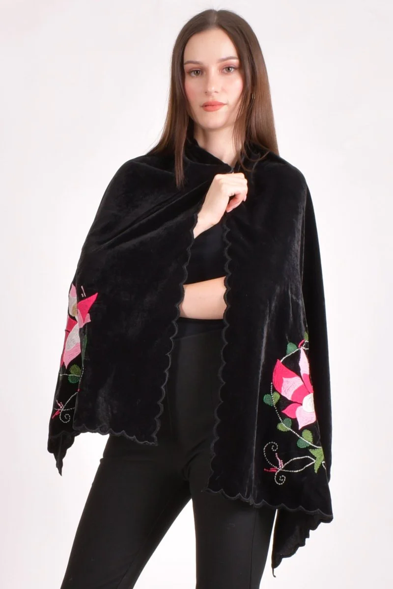 Black Hand Embroidered Velvet Scarf - Image 3