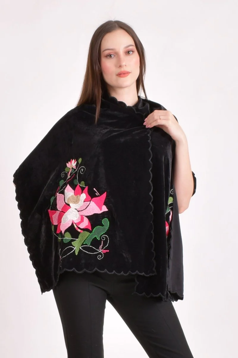 Black Hand Embroidered Velvet Scarf - Image 4