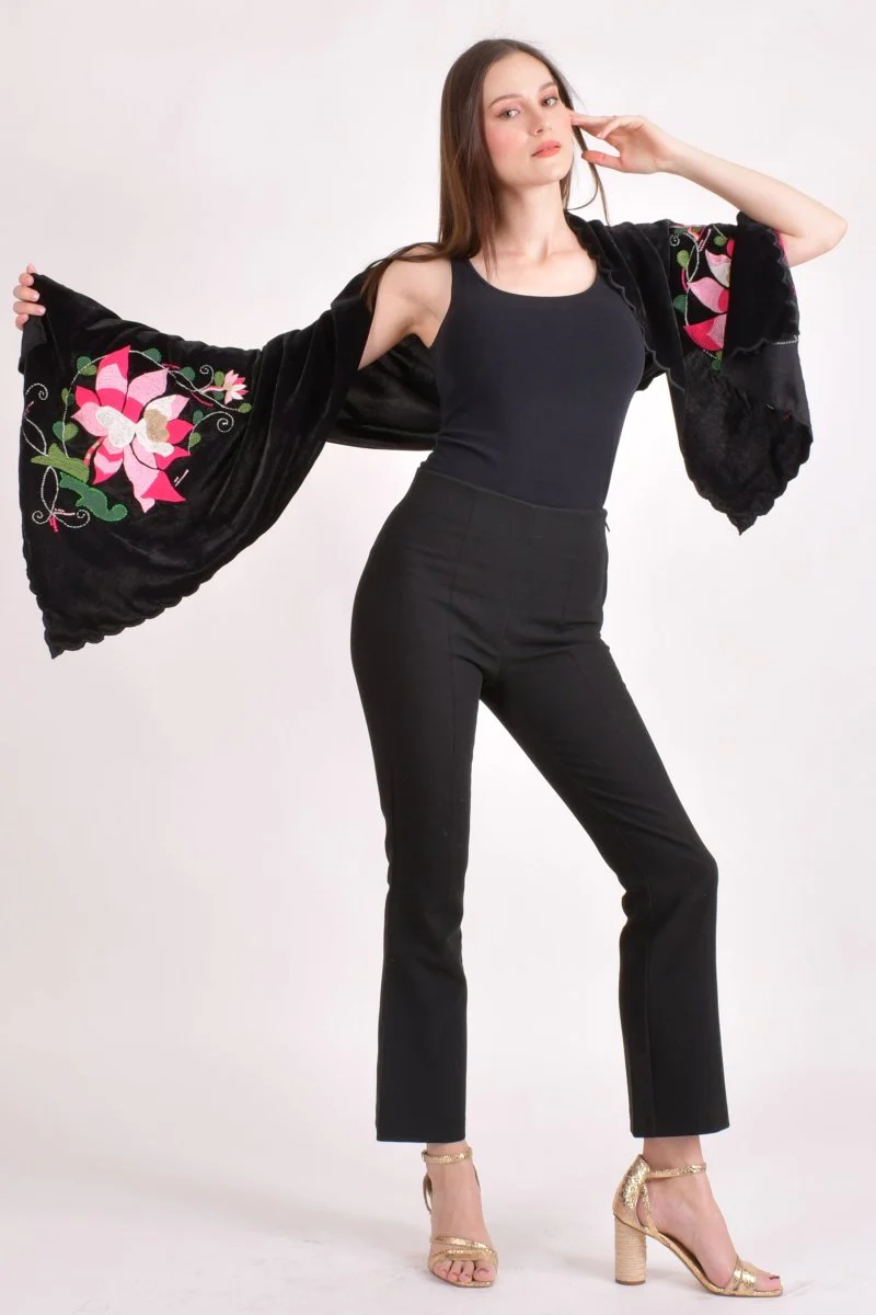 Black Hand Embroidered Velvet Scarf - Image 5