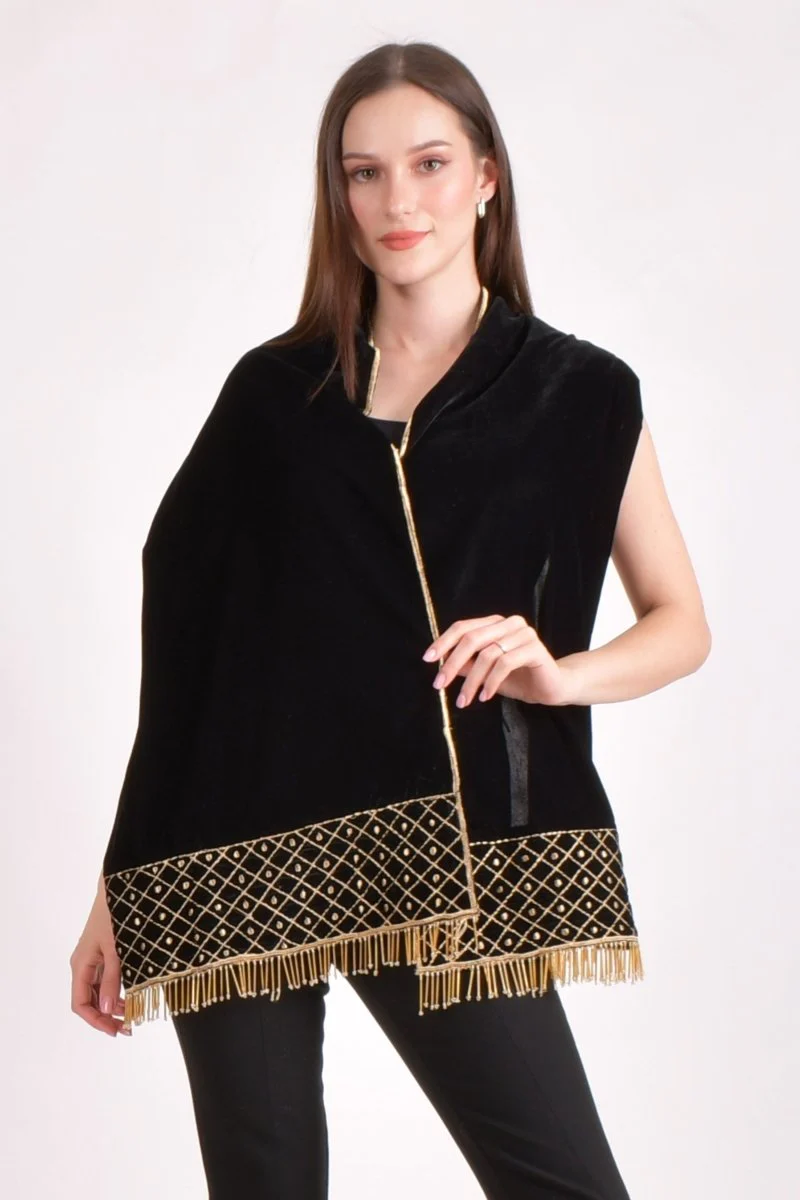 Black Hand Embroidered Velvet Scarf - Image 3