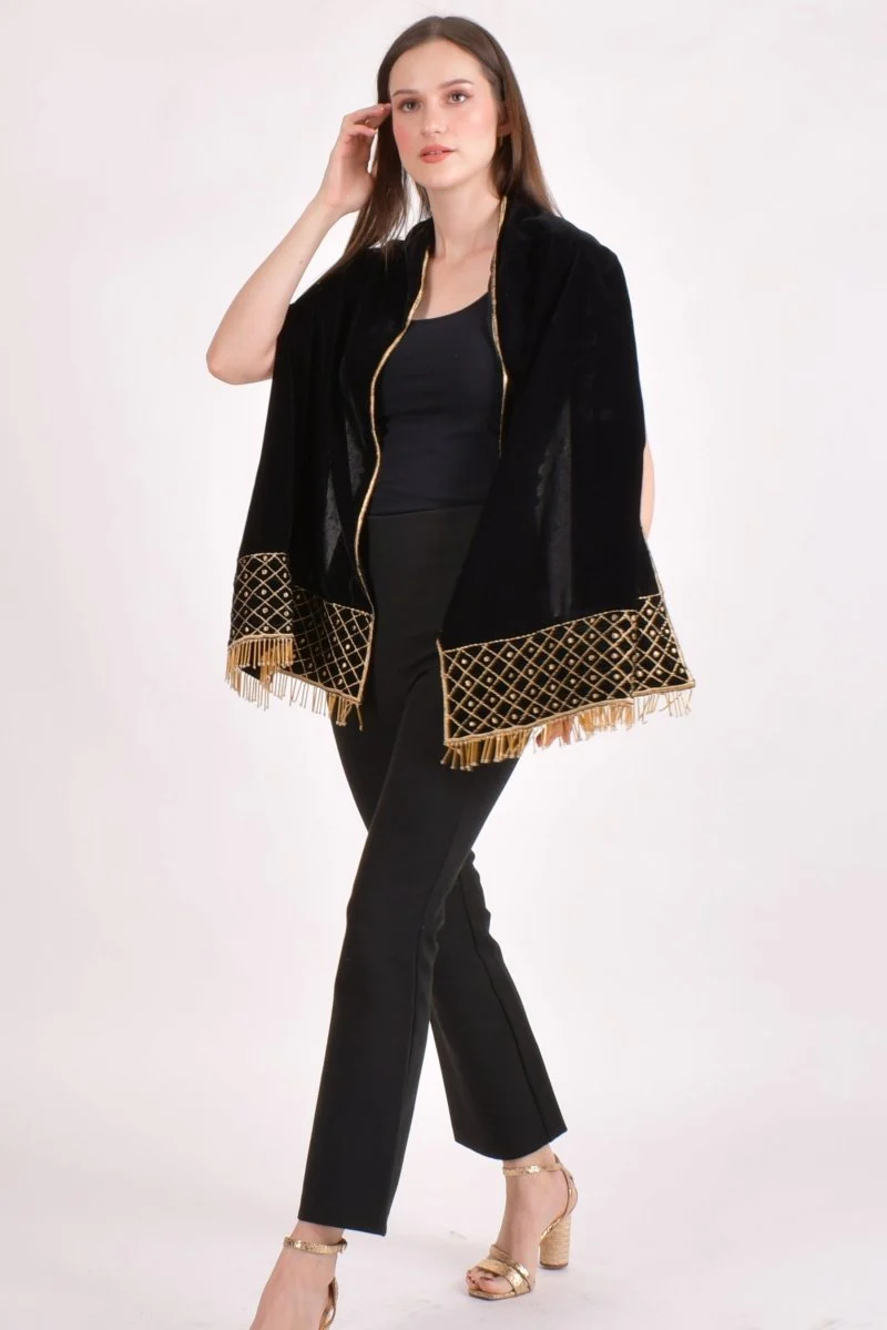 Black Hand Embroidered Velvet Scarf - Image 4