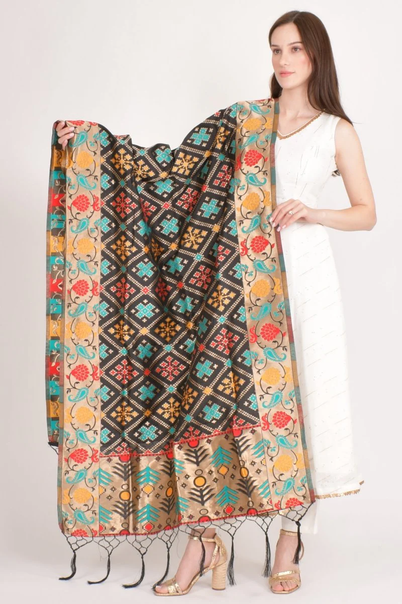 Black Jacquard Dupatta With Tassels