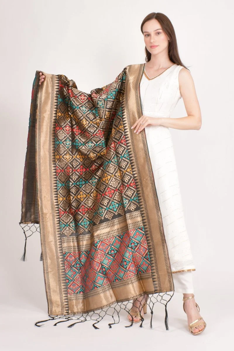 Black Jacquard Polyester Dupatta With Tassels