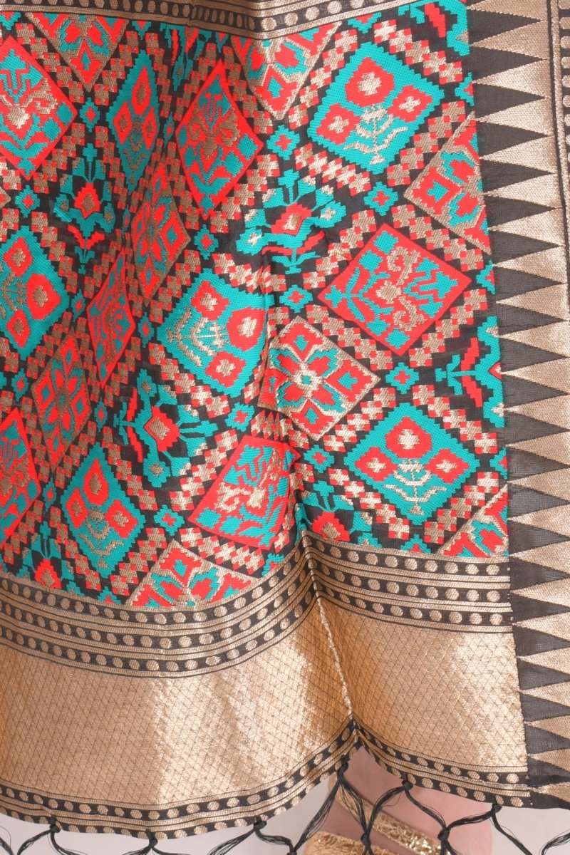 Black Jacquard Polyester Dupatta With Tassels - Image 2