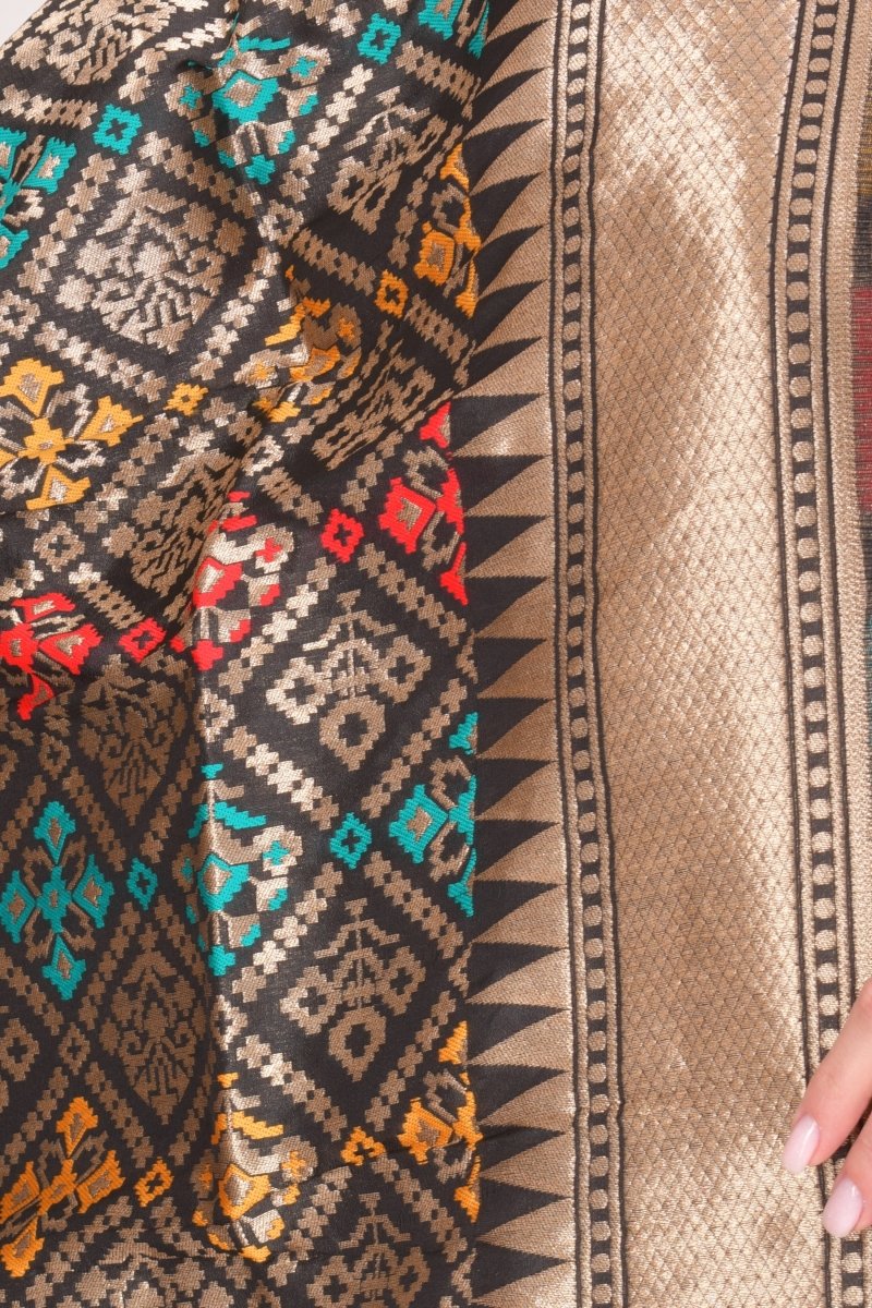 Black Jacquard Polyester Dupatta With Tassels - Image 3