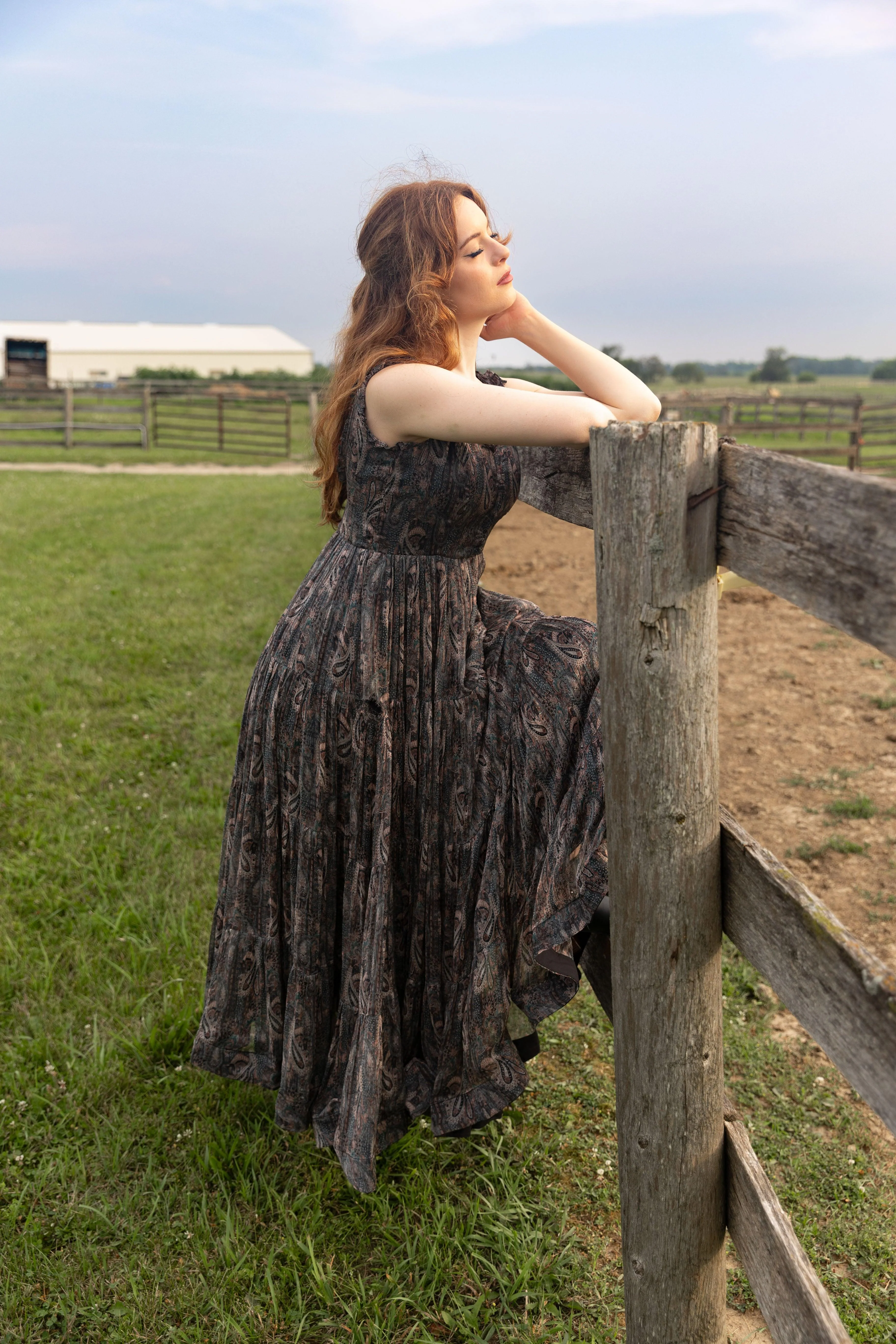 Black Paisley Print Silk Tiered Gown