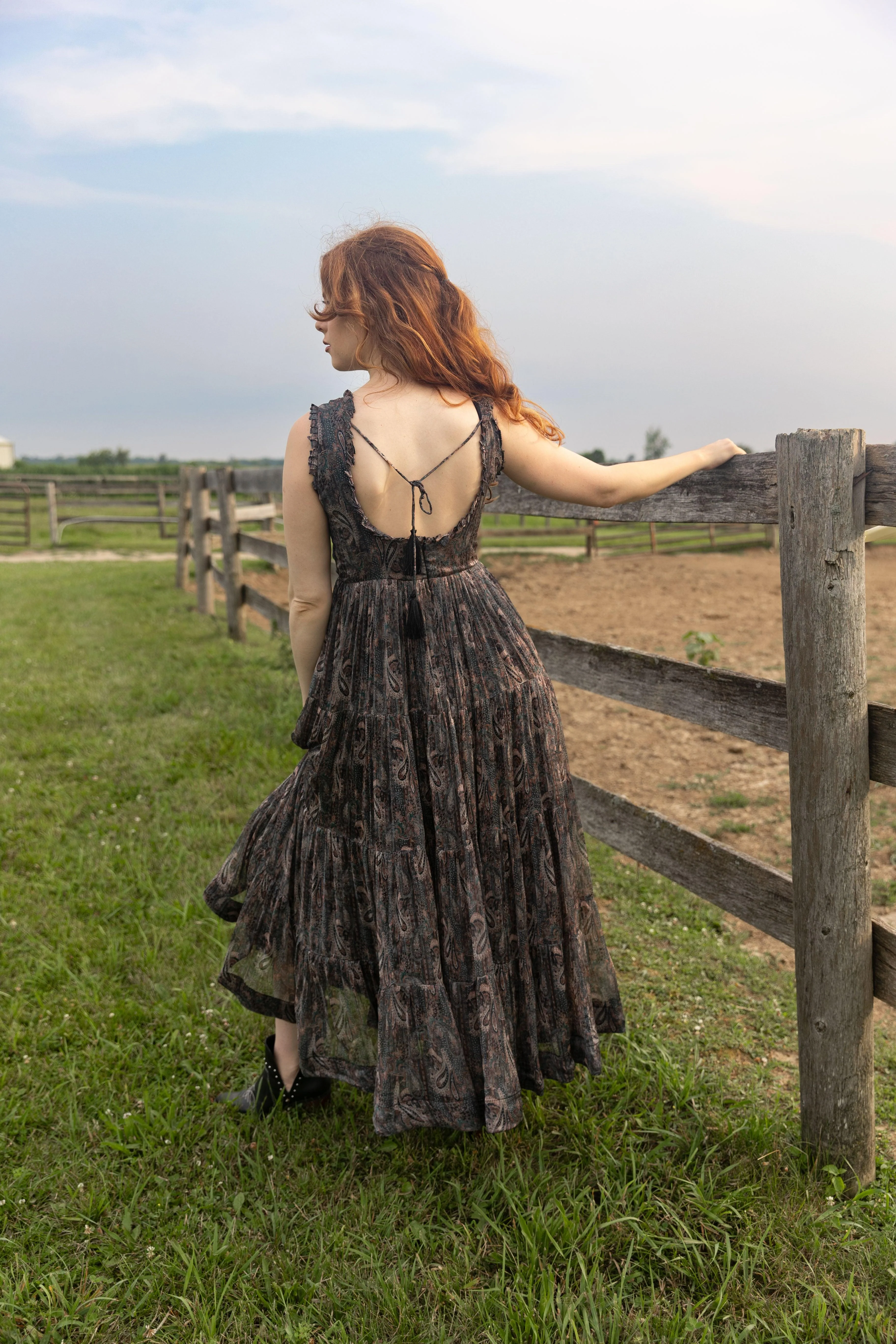 Black Paisley Print Silk Tiered Gown - Image 2