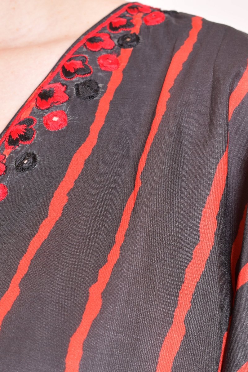 Black & Red Striped Floral Embroidered Kaftan Top - Image 3
