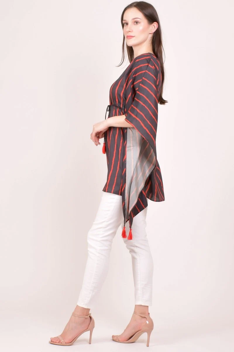 Black & Red Striped Floral Embroidered Kaftan Top - Image 4