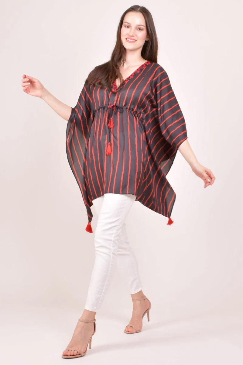 Black & Red Striped Floral Embroidered Kaftan Top - Image 6