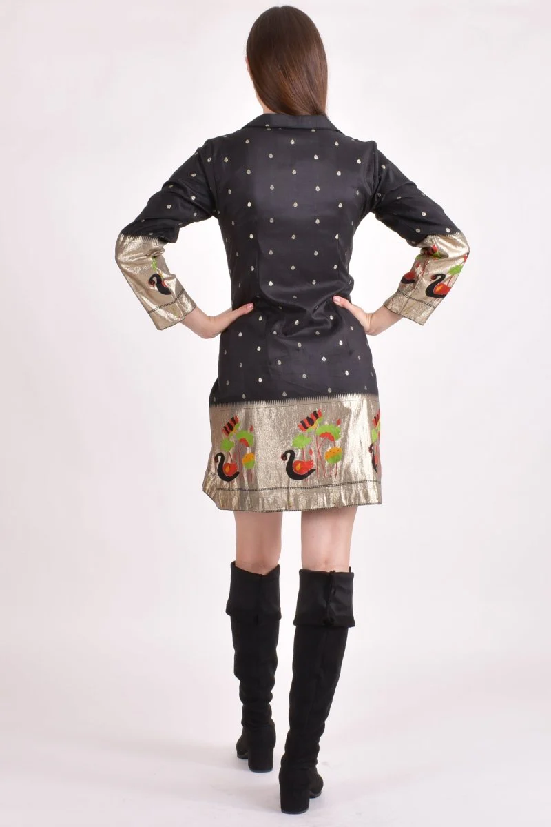 Black Silk Short Dress with Golden Butti & Paithani Border - Image 2