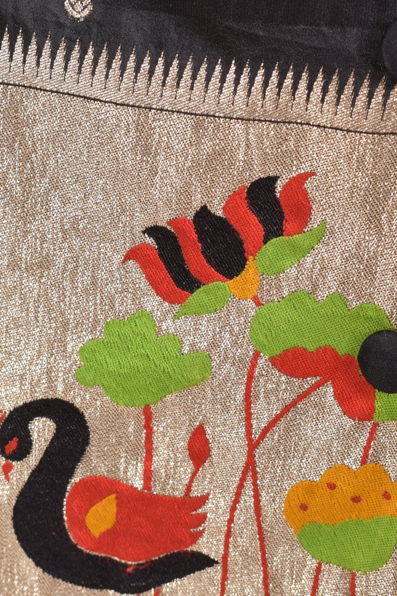 Black Silk Short Dress with Golden Butti & Paithani Border - Image 3