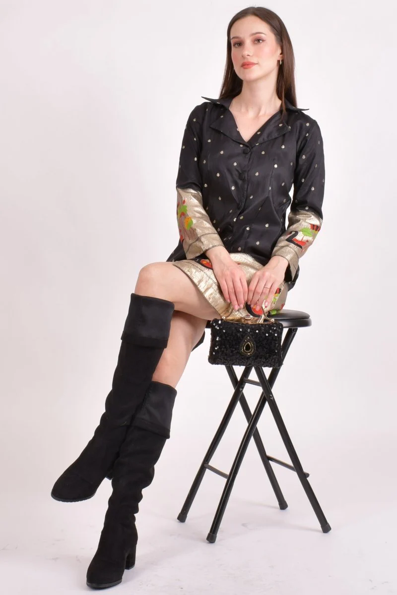 Black Silk Short Dress with Golden Butti & Paithani Border - Image 5