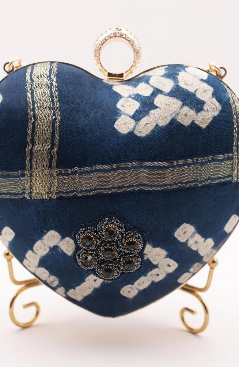 Blue Bandhej Silk Heart Clutch Aara with Gold Chain