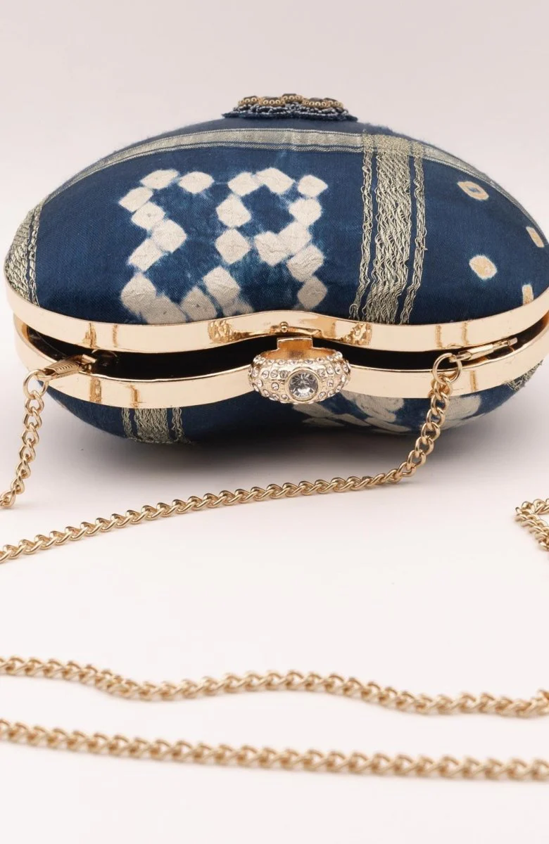 Blue Bandhej Silk Heart Clutch Aara with Gold Chain - Image 2