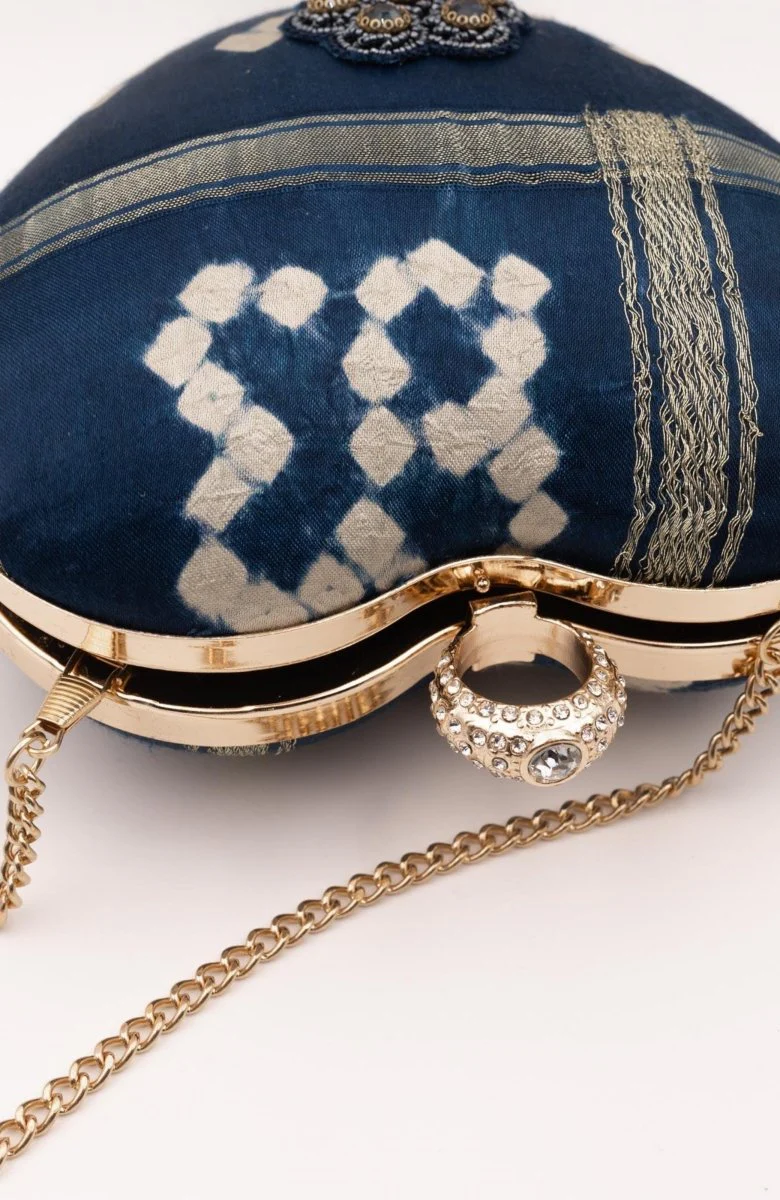 Blue Bandhej Silk Heart Clutch Aara with Gold Chain - Image 4