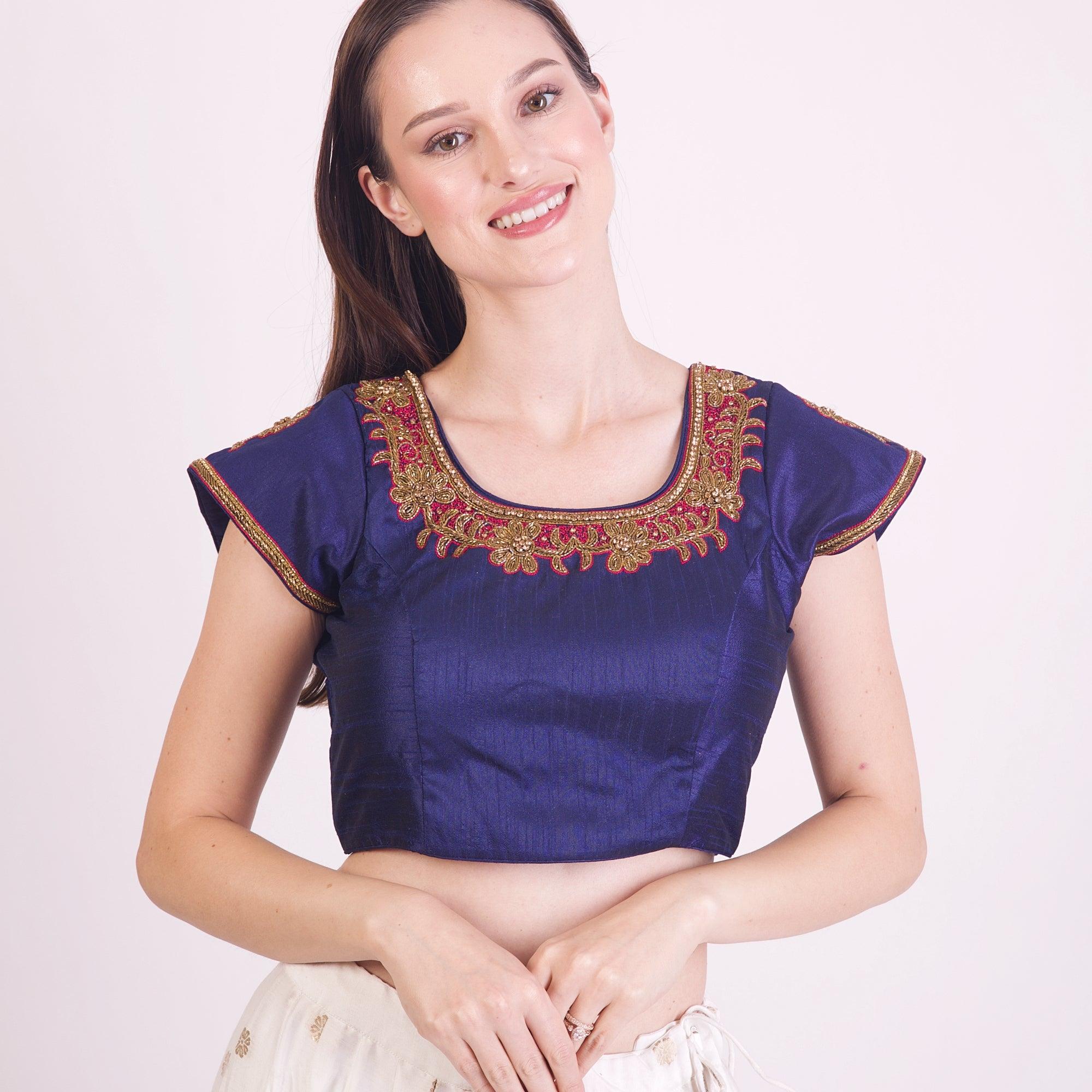 Blue Hand Embroidered Silk Saree Blouse with Cap Sleeves