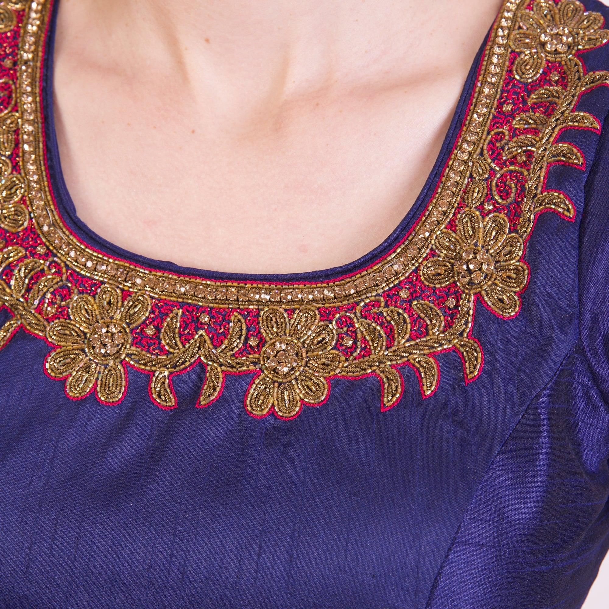 Blue Hand Embroidered Silk Saree Blouse with Cap Sleeves - Image 3