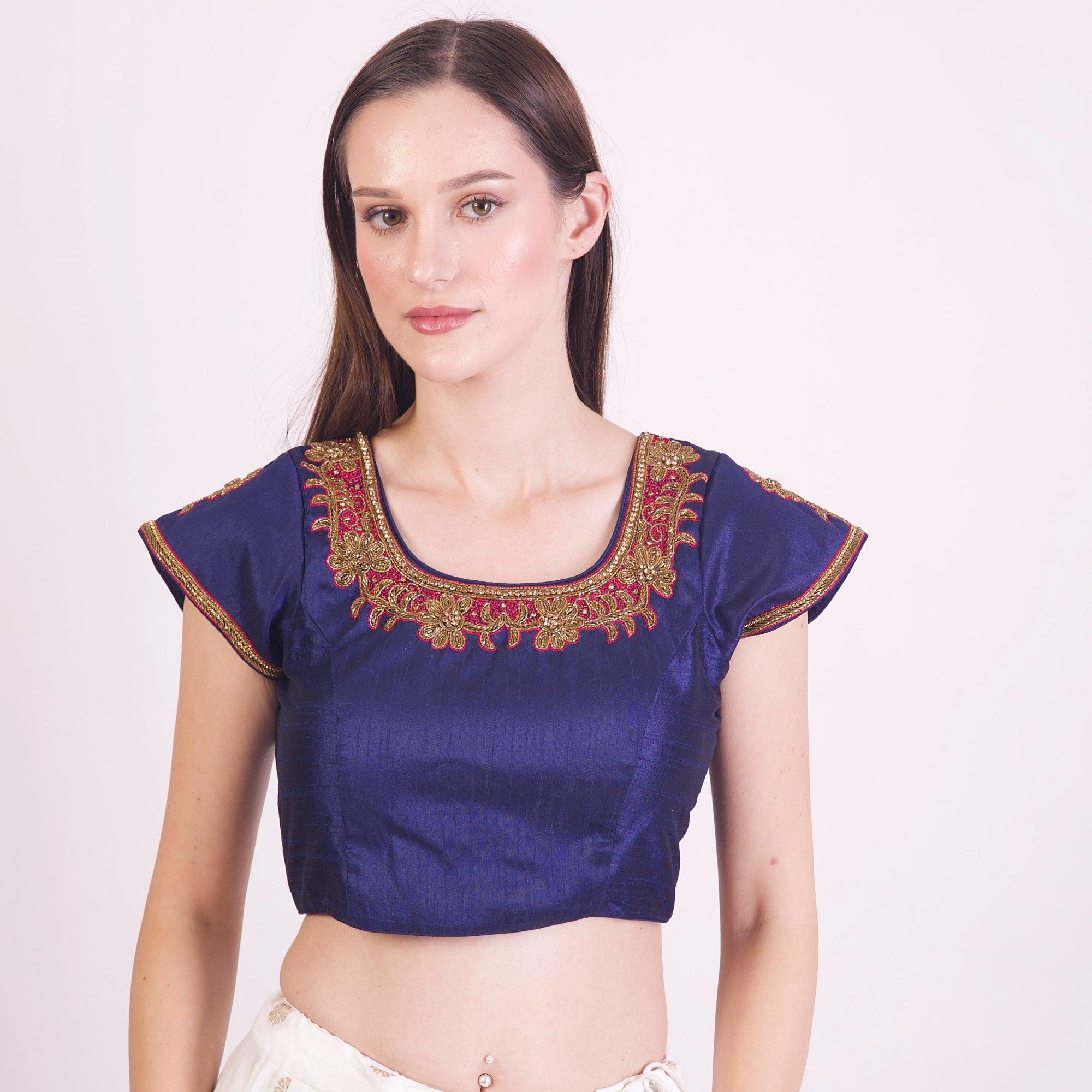 Blue Hand Embroidered Silk Saree Blouse with Cap Sleeves - Image 4