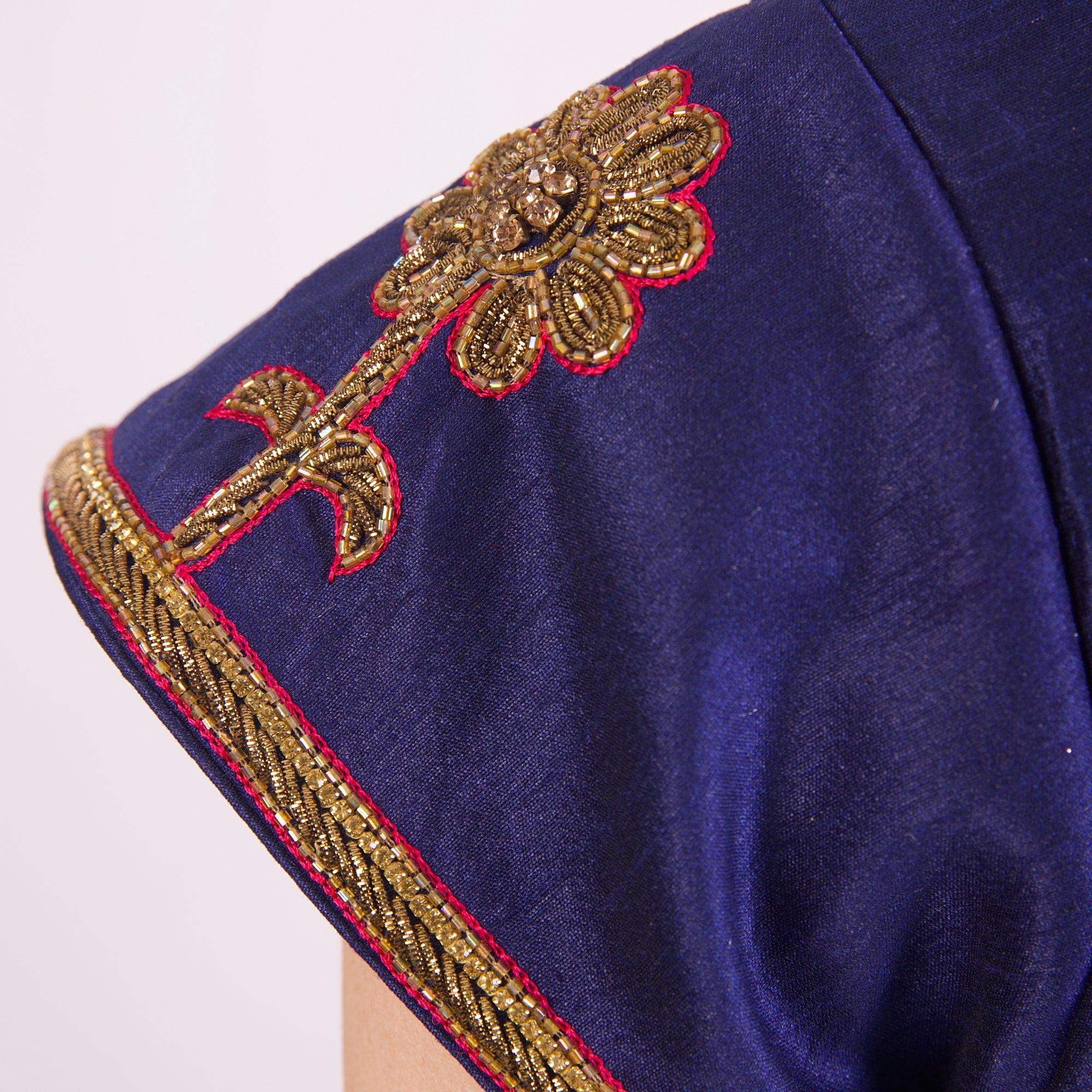 Blue Hand Embroidered Silk Saree Blouse with Cap Sleeves - Image 5