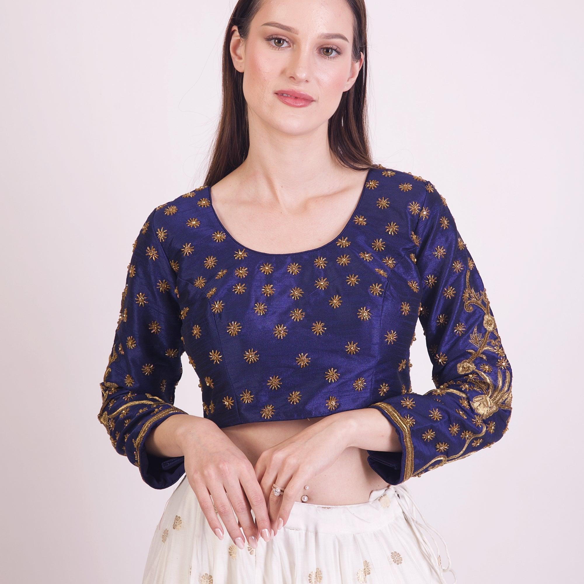 Blue Hand Embroidered Silk Saree Blouse with Long Sleeves