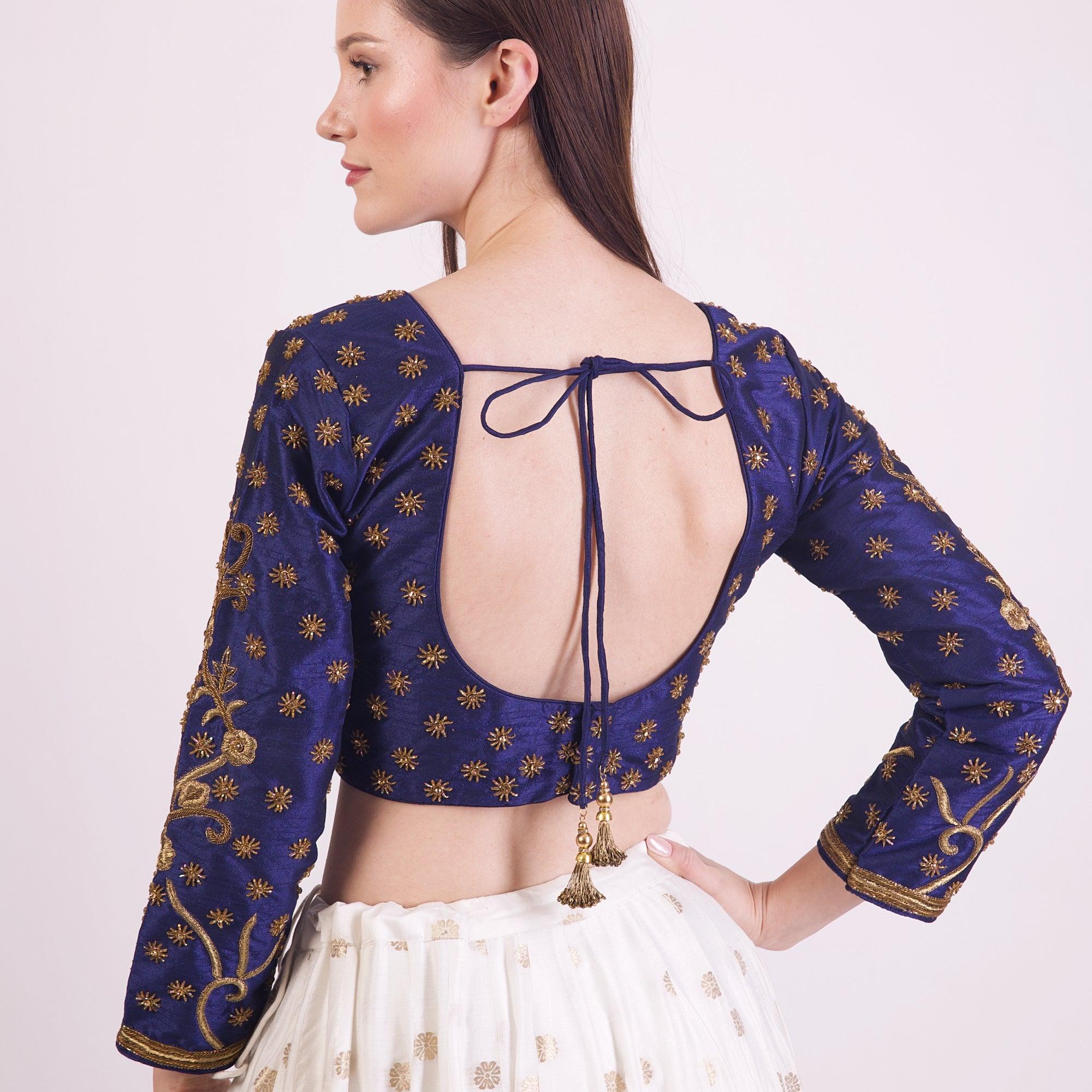 Blue Hand Embroidered Silk Saree Blouse with Long Sleeves - Image 2