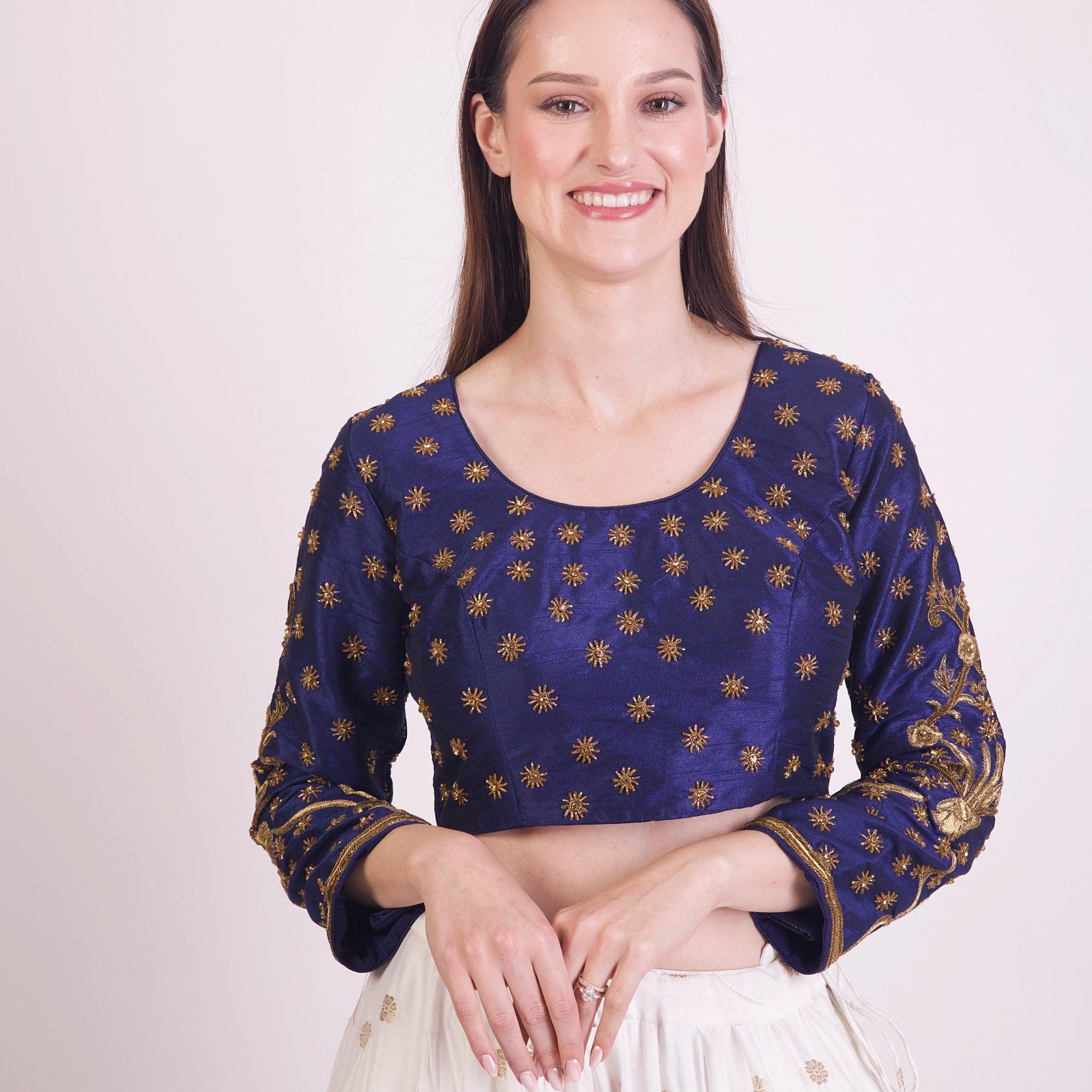 Blue Hand Embroidered Silk Saree Blouse with Long Sleeves - Image 3