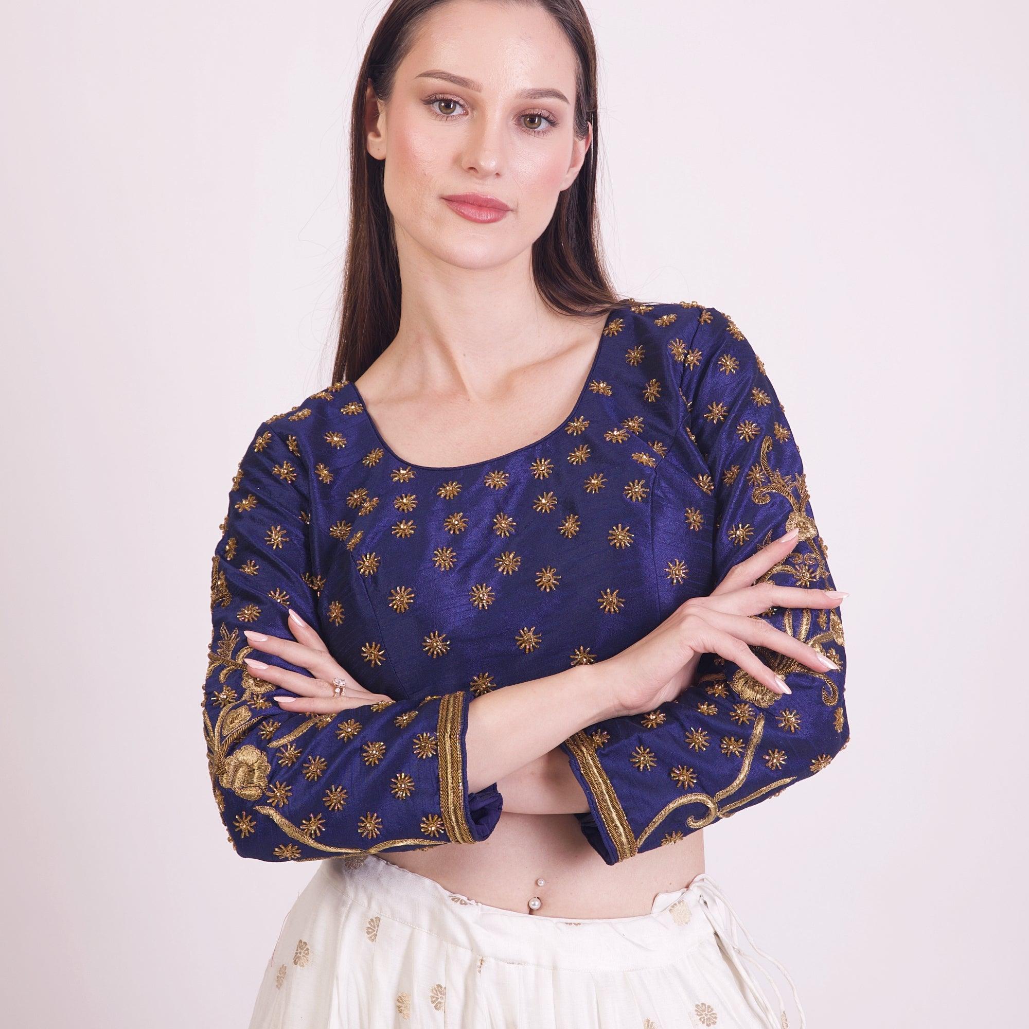 Blue Hand Embroidered Silk Saree Blouse with Long Sleeves - Image 4
