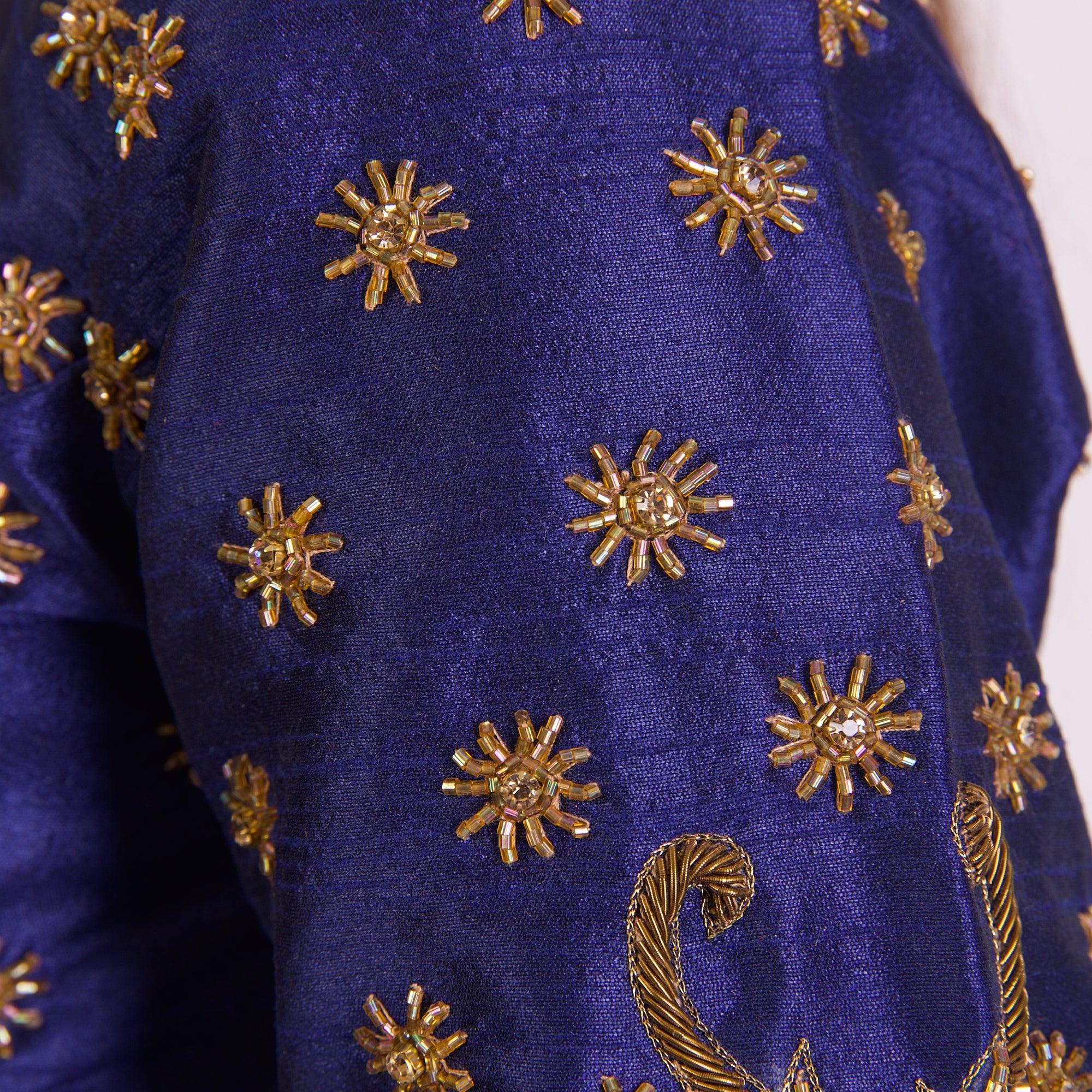 Blue Hand Embroidered Silk Saree Blouse with Long Sleeves - Image 5